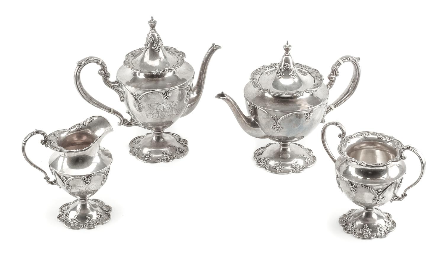 An American Silver Four-Piece Tea and Coffee Service, Shreve & Co., San Francisco, CA, comprising a coffee pot, teapot, creamer and sug
