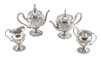An American Silver Four-Piece Tea and Coffee Service, Shreve & Co., San Francisco, CA, comprising a coffee pot, teapot, creamer and sug