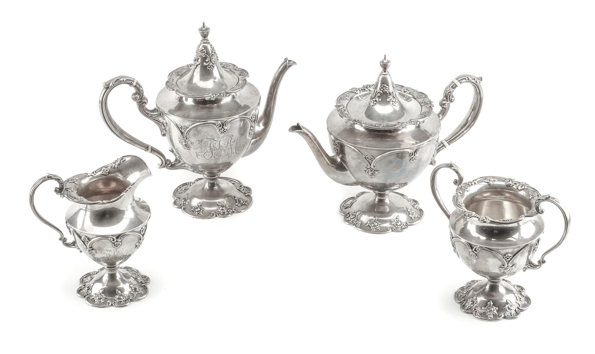 An American Silver Four-Piece Tea and Coffee Service, Shreve & Co., San Francisco, CA, comprising a coffee pot, teapot, creamer and sug