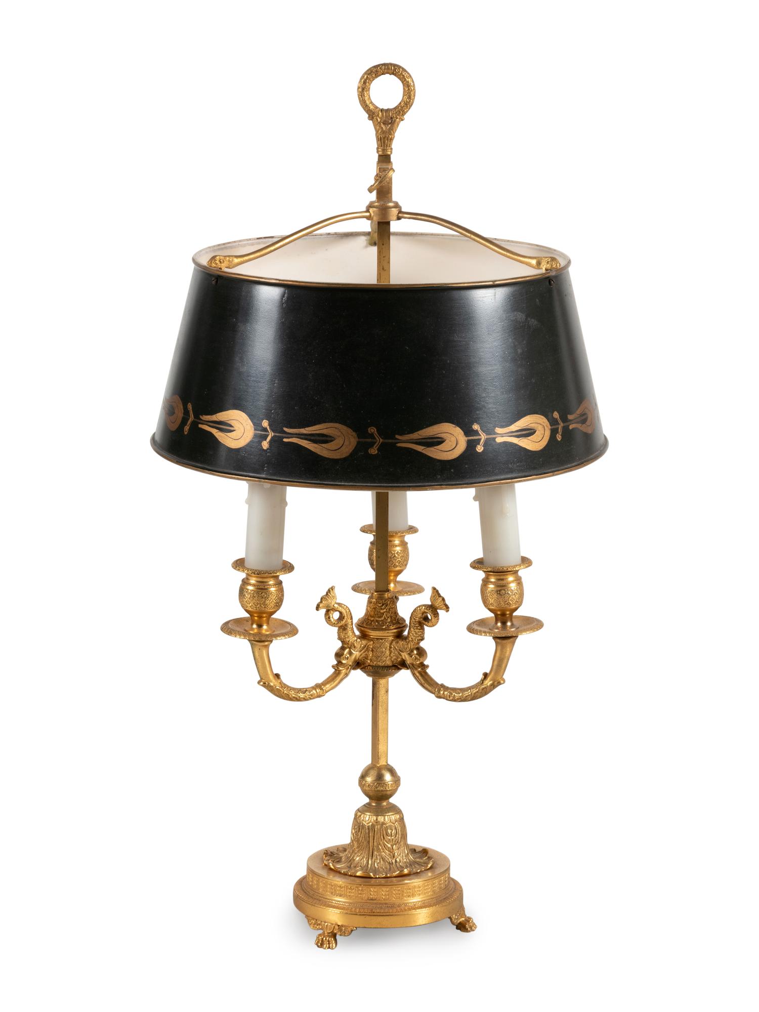 An Empire Style Gilt Metal Three-Light Bouillotte Lamp