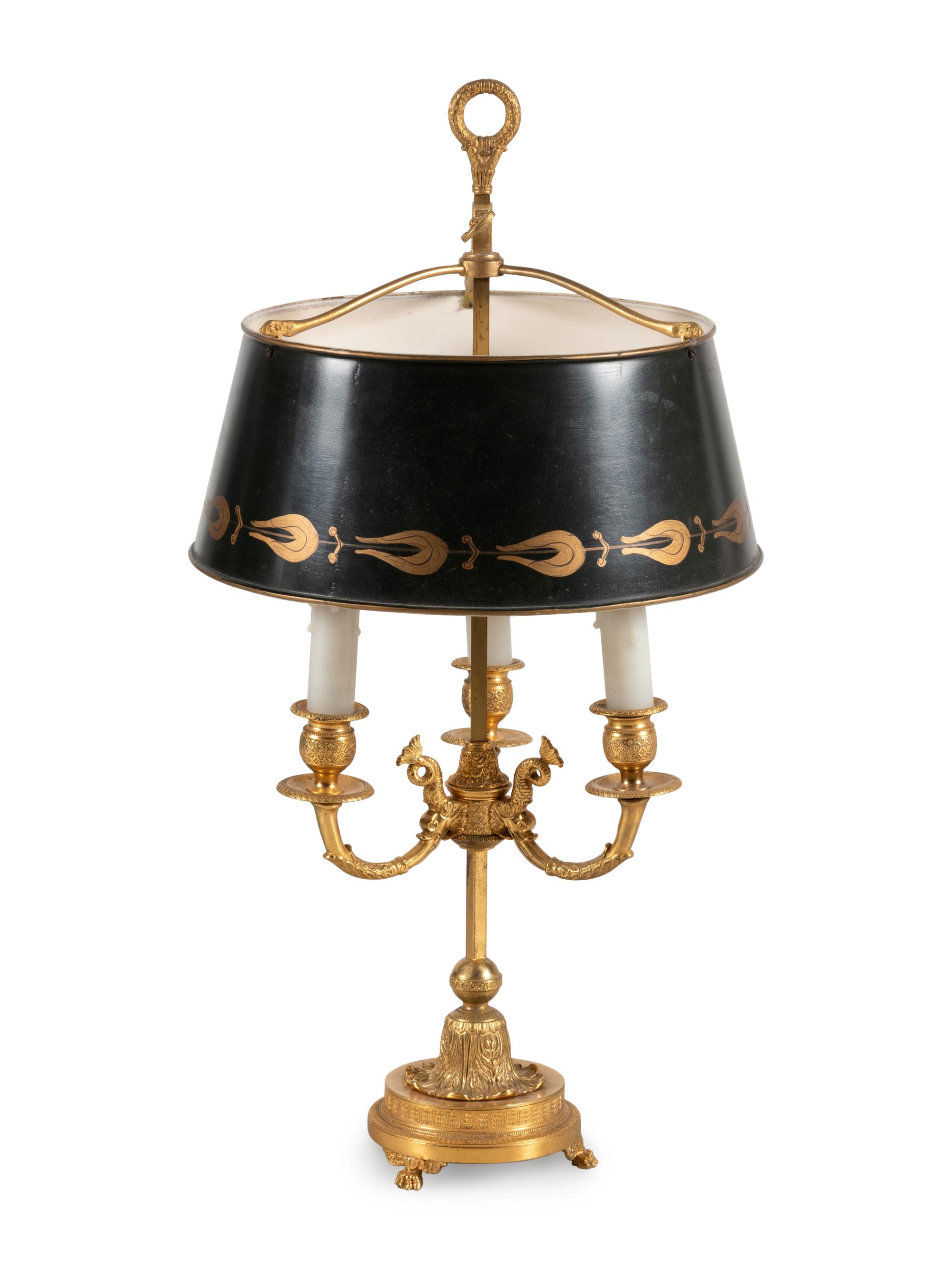 An Empire Style Gilt Metal Three-Light Bouillotte Lamp