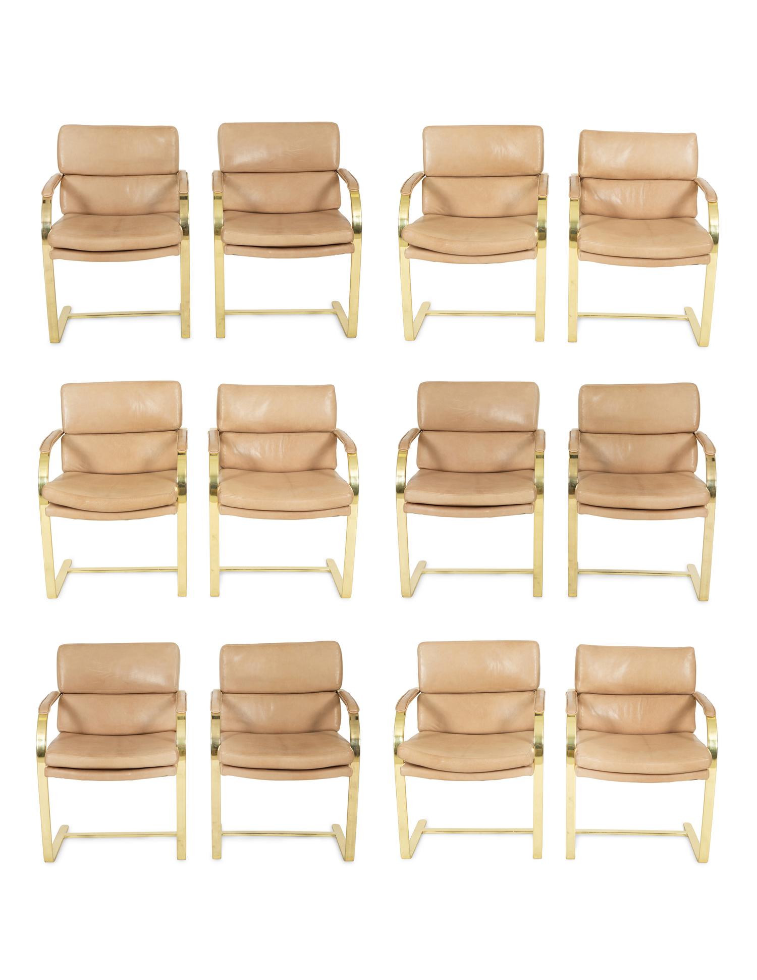 A Set of Twelve Gilt Steel Dining Chairs with Leather Upholstery