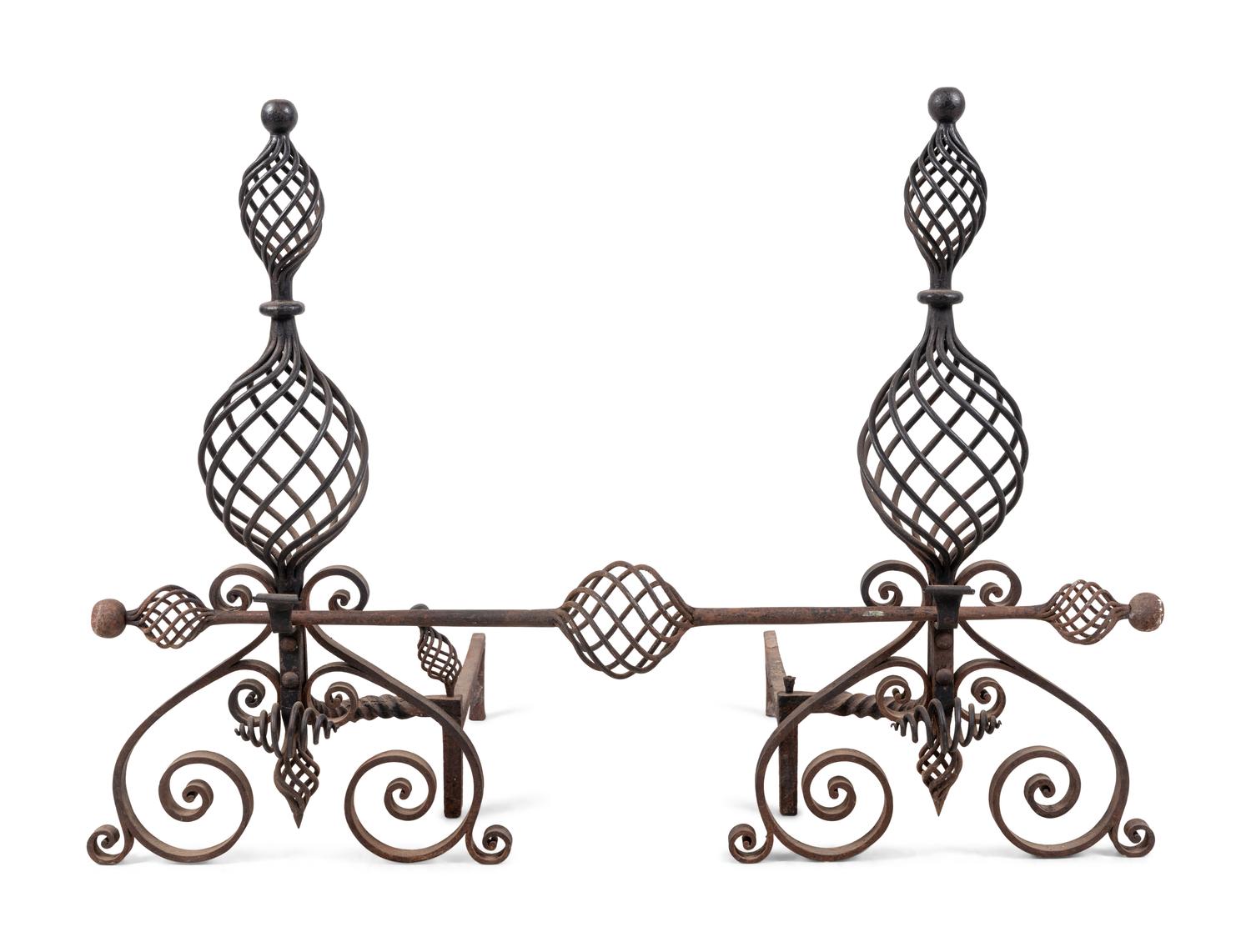 A Pair of Continental Iron Baluster-Twist Andirons