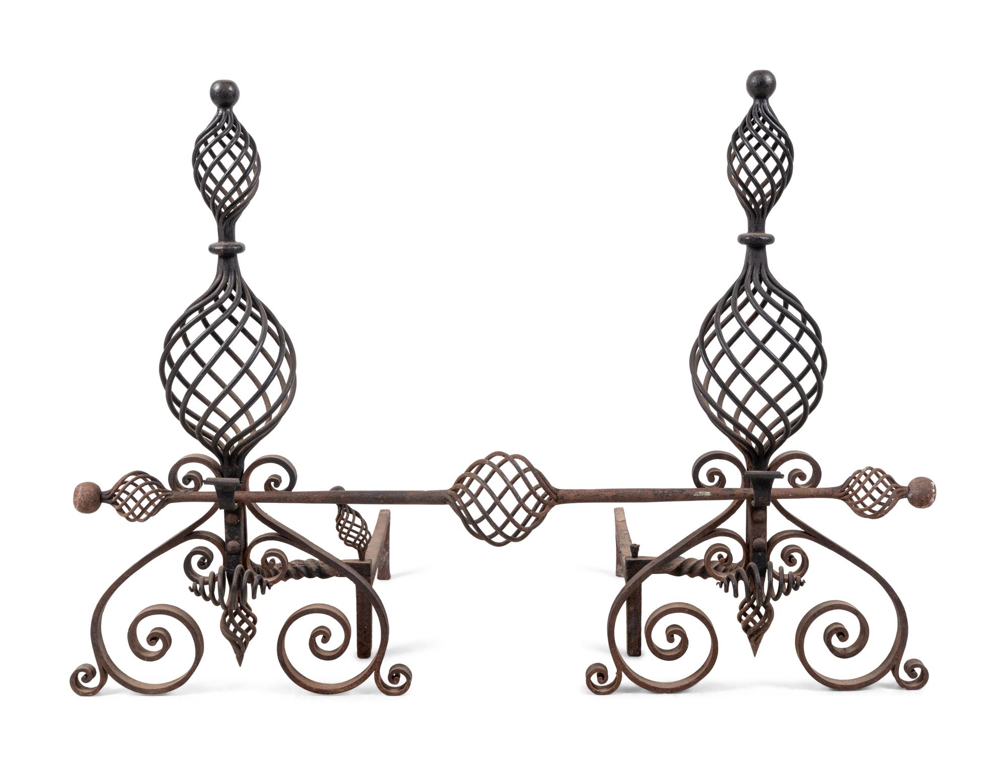 A Pair of Continental Iron Baluster-Twist Andirons