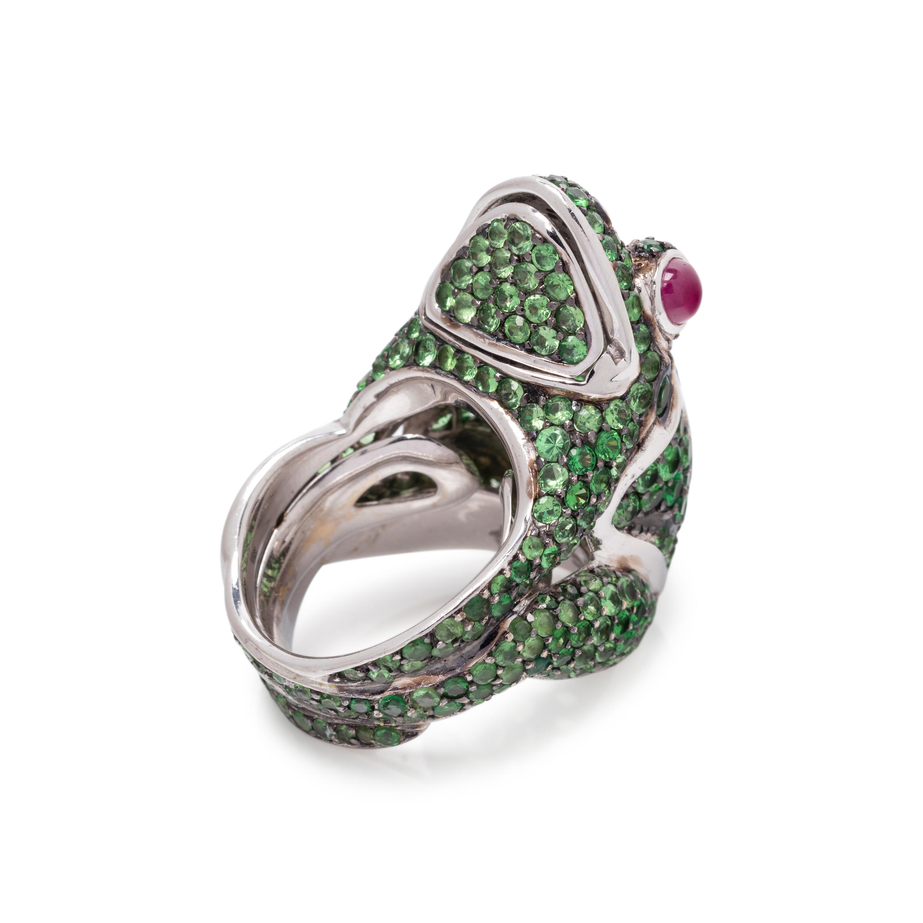 DE GRISOGONO, TSAVORITE GARNET AND RUBY FROG RING