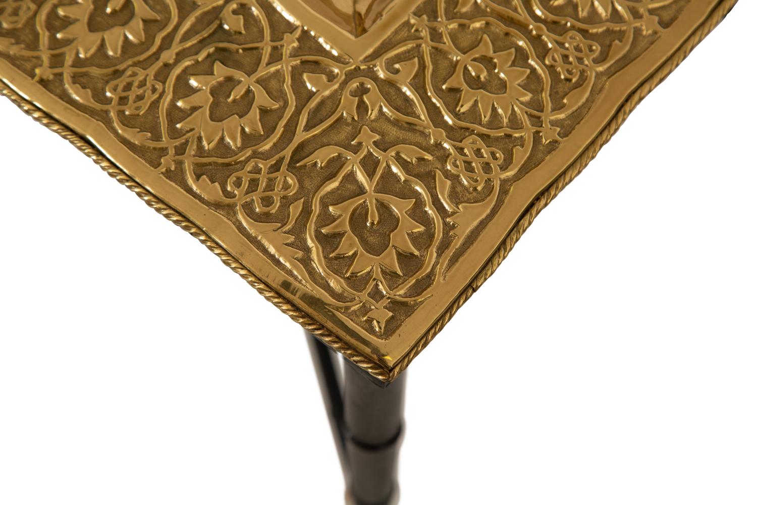 Two Chased Brass Tray-Top Occasional Tables with Ebonized and Gilt Stands — 20th Century