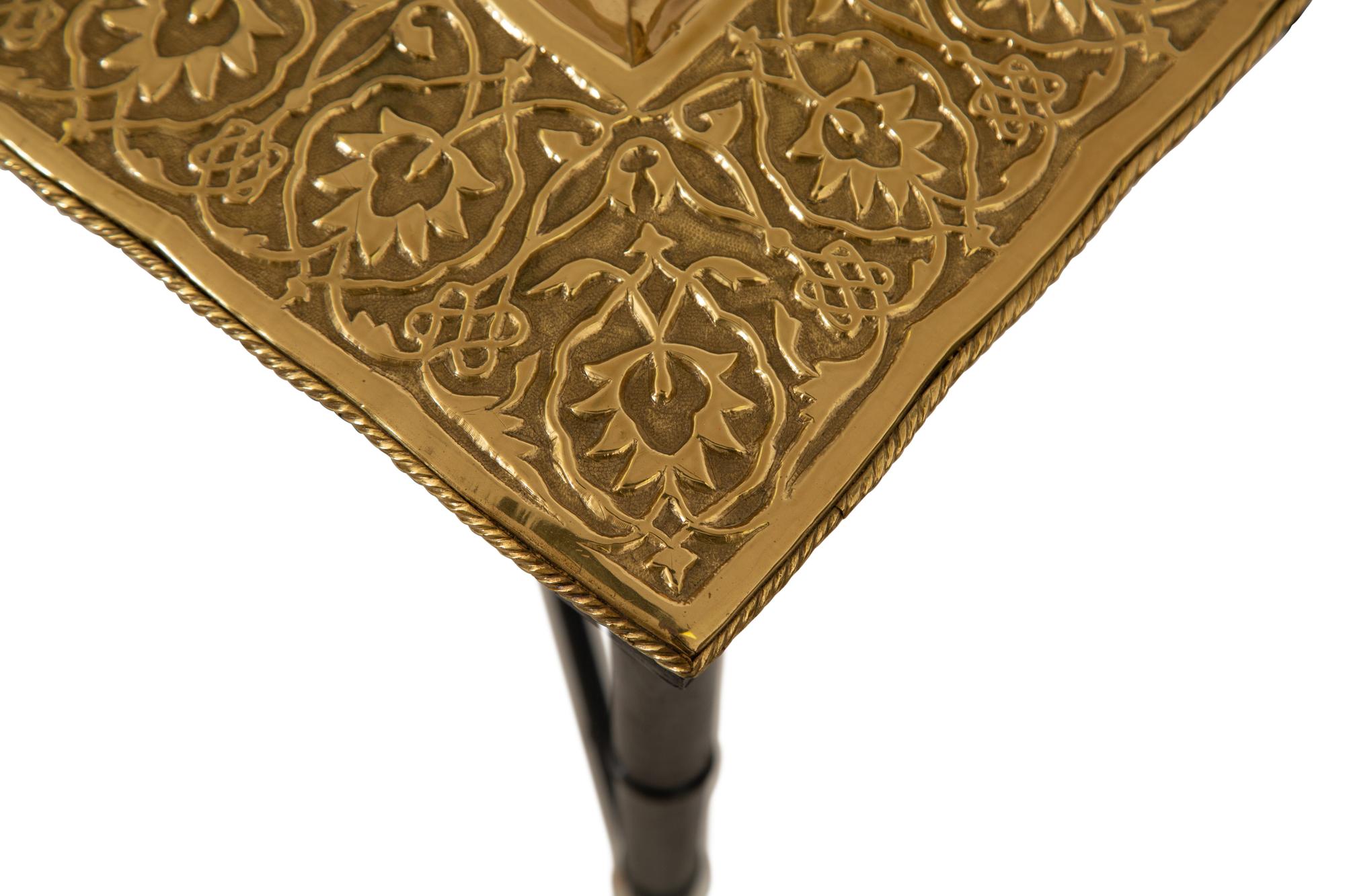 Two Chased Brass Tray-Top Occasional Tables with Ebonized and Gilt Stands — 20th Century
