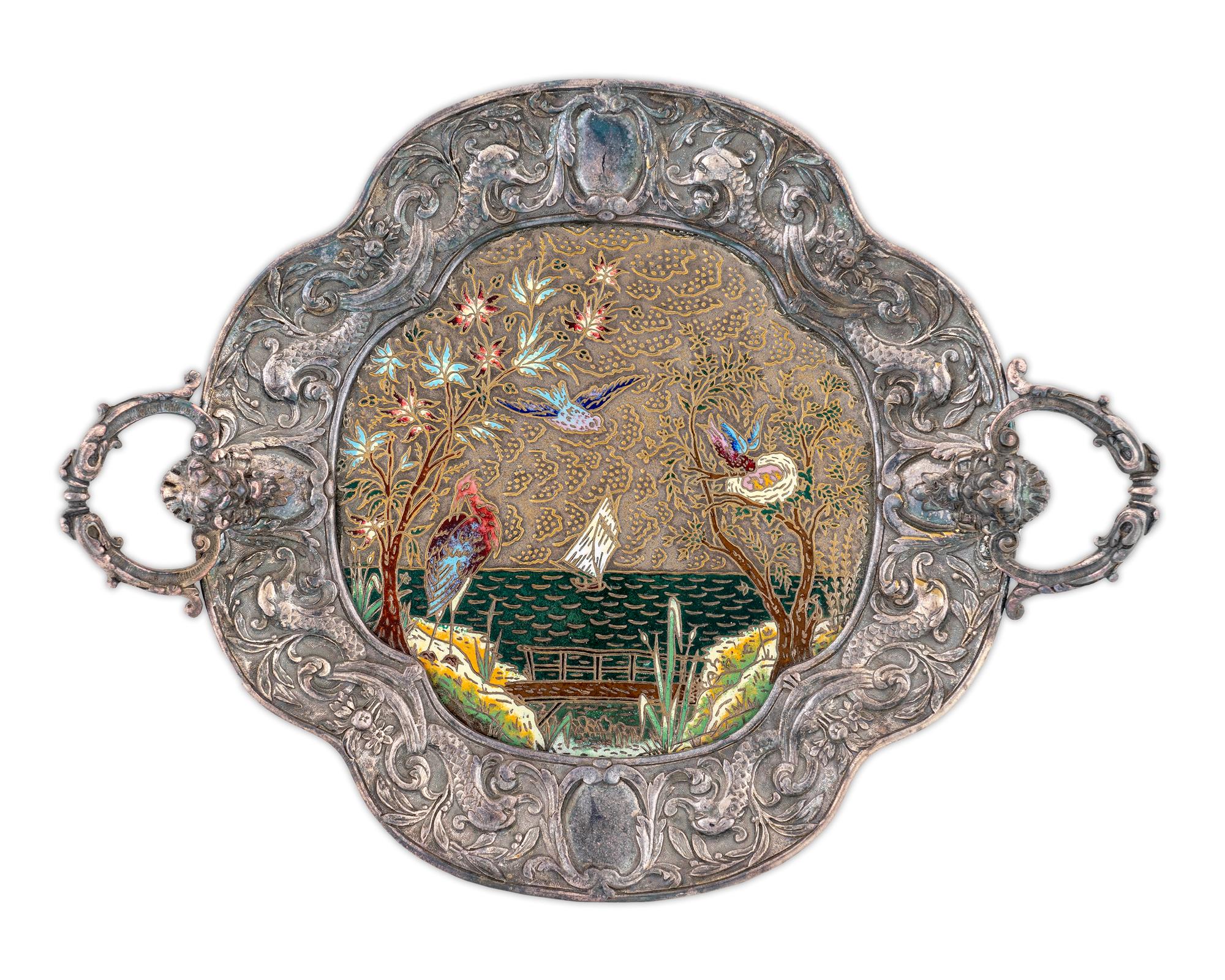 A French Silvered Bronze and Enamel Two-Handled Tray — 19TH CENTURY