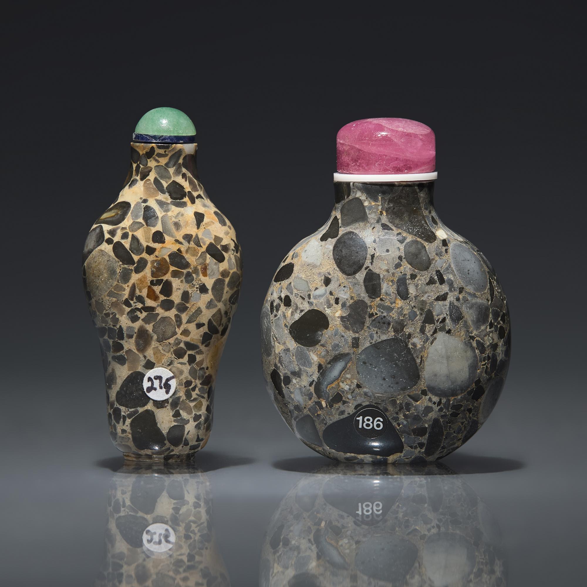 Two Chinese Puddingstone Snuff Bottles, Qing Dynasty, 18th-19th Century — 清中期 抱子石素面鼻煙壺兩支