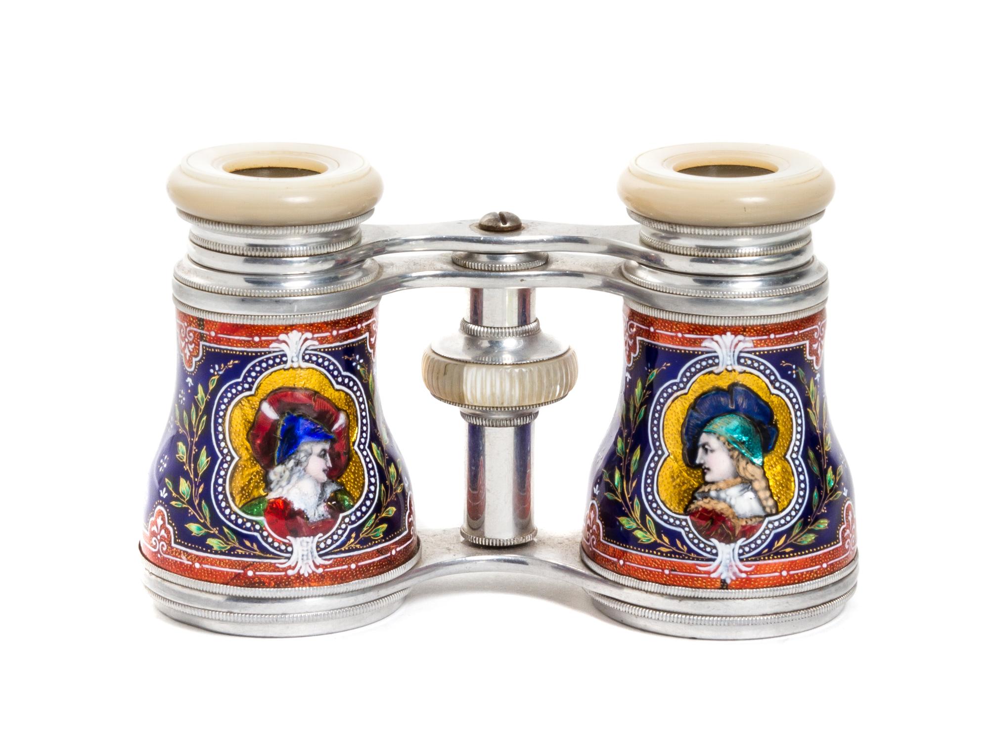 A Pair of French Enameled Opera Glasses, Width 4 inches.