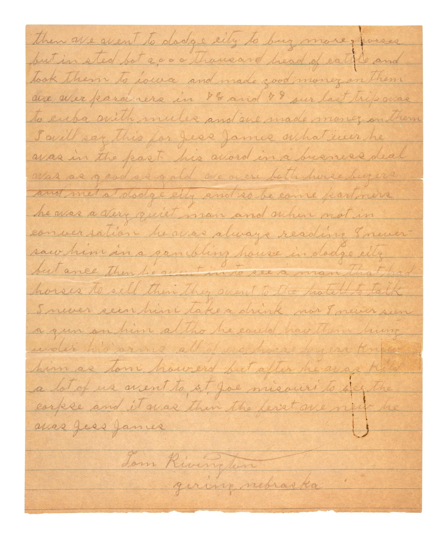 [WILD WEST] -- [HICKOCK, James B. (1837-1876)]. A group of early twentieth-century letters with recollections about "Wild Bill" Hickock and other figures from the American West.