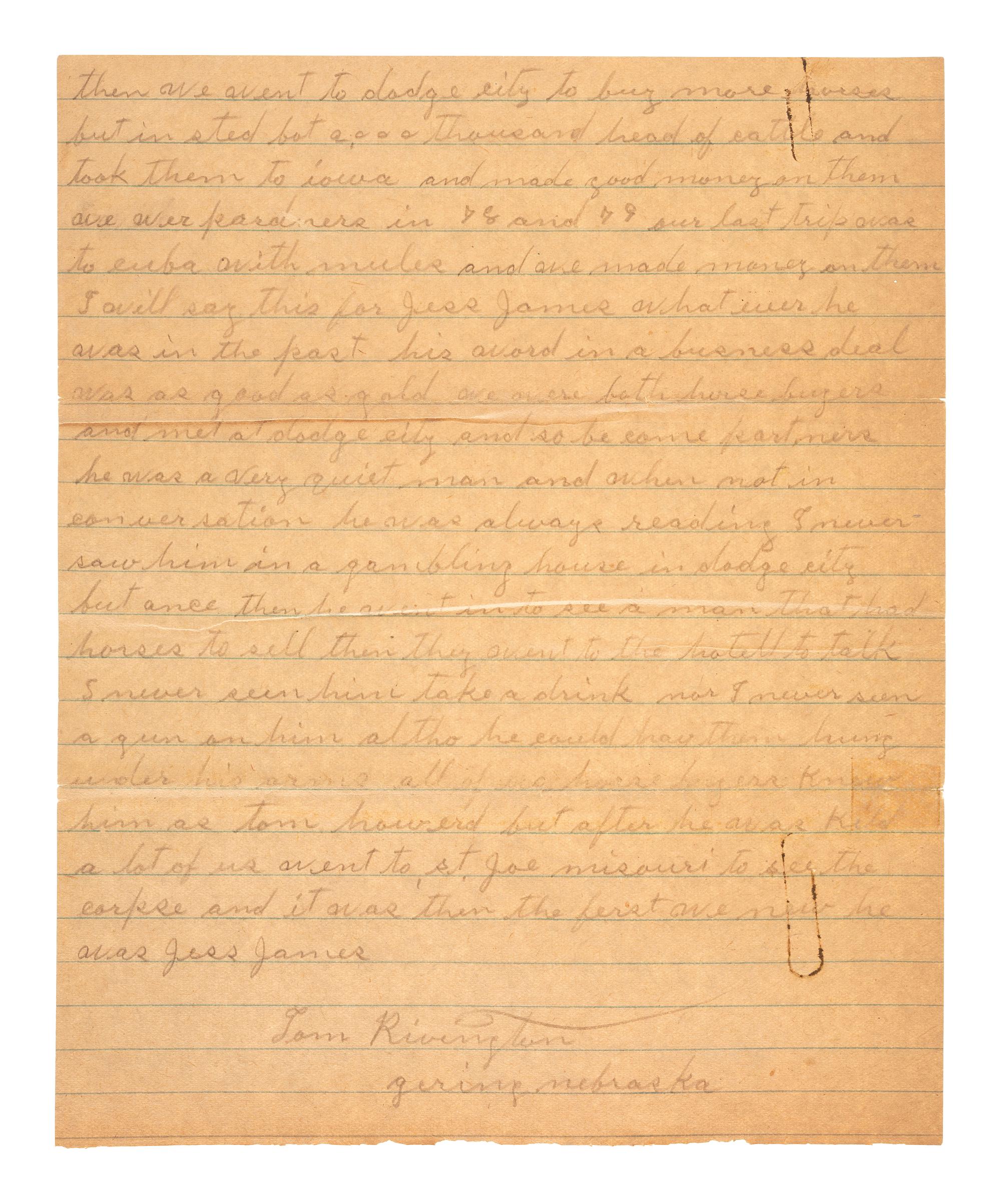 [WILD WEST] -- [HICKOCK, James B. (1837-1876)]. A group of early twentieth-century letters with recollections about "Wild Bill" Hickock and other figures from the American West.