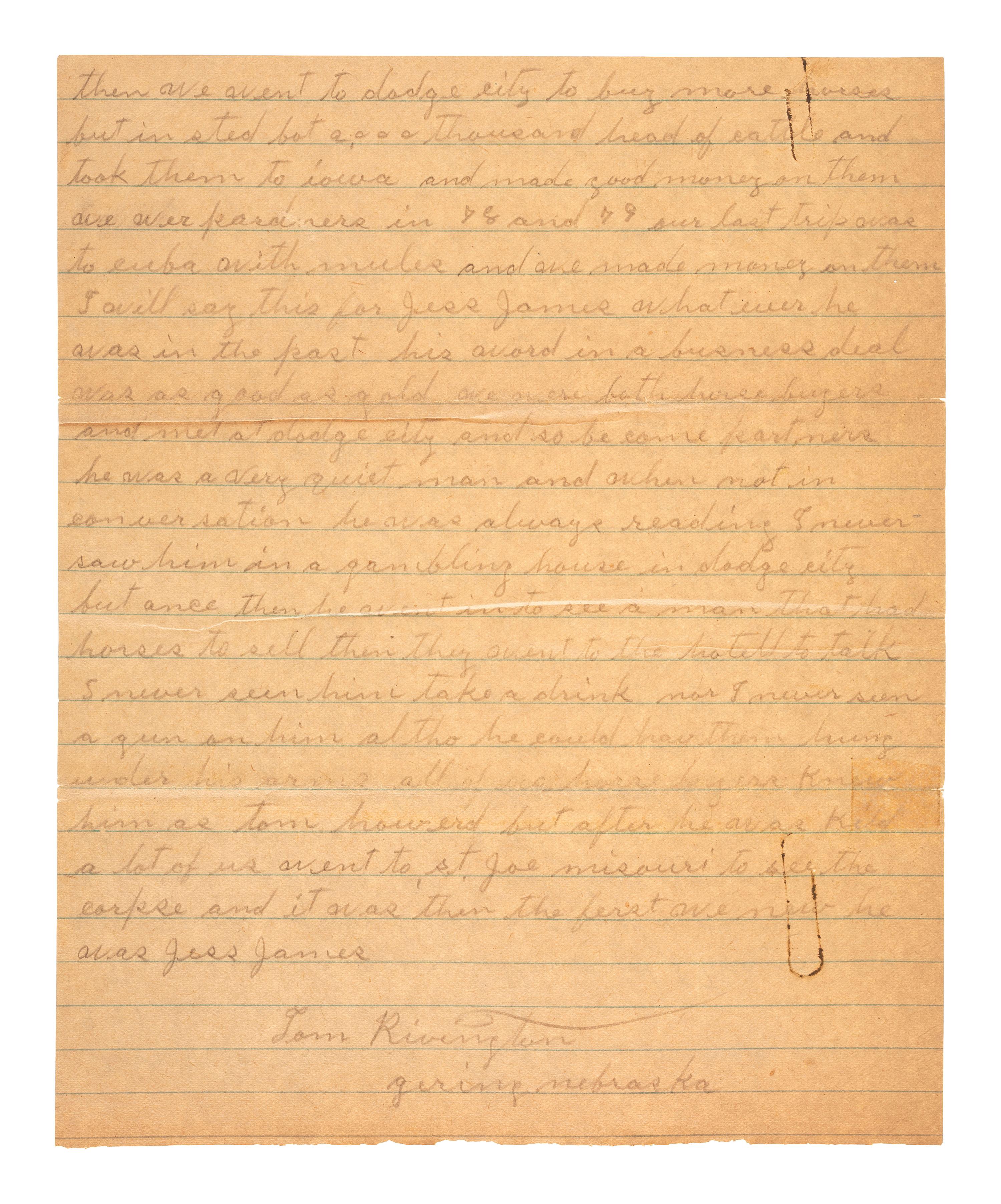 [WILD WEST] -- [HICKOCK, James B. (1837-1876)]. A group of early twentieth-century letters with recollections about "Wild Bill" Hickock and other figures from the American West.