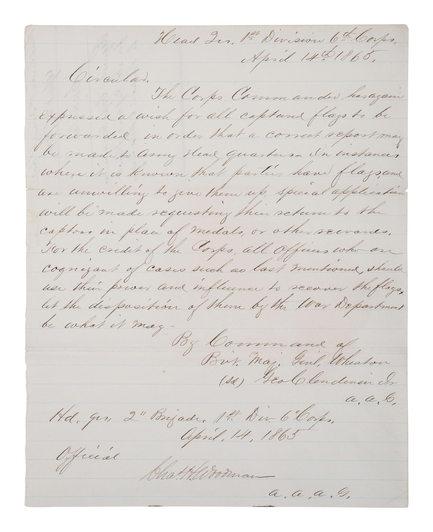 [CIVIL WAR] Union Circular requesting captured flags be returned to Corps Commander, 14 April 1865.