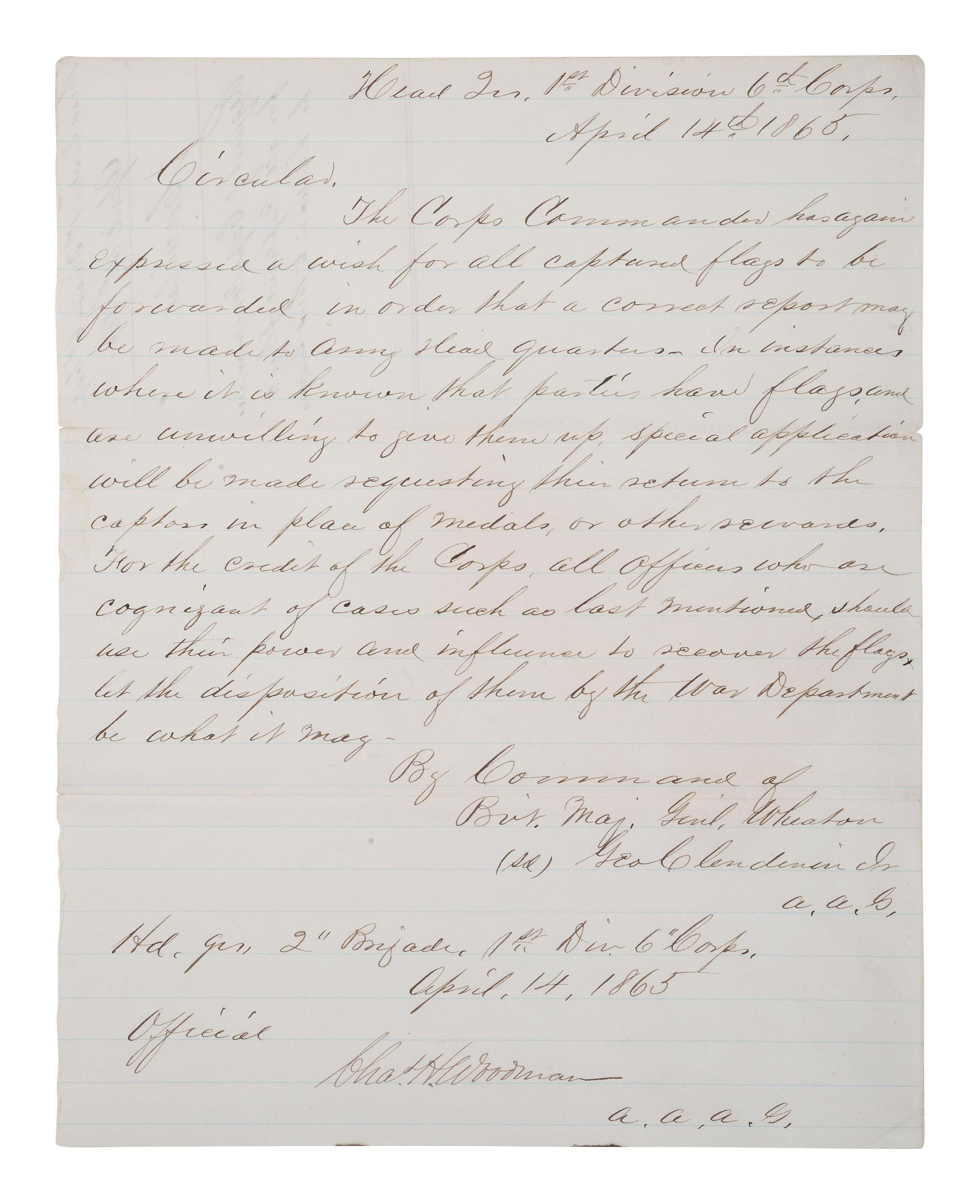 [CIVIL WAR] Union Circular requesting captured flags be returned to Corps Commander, 14 April 1865.