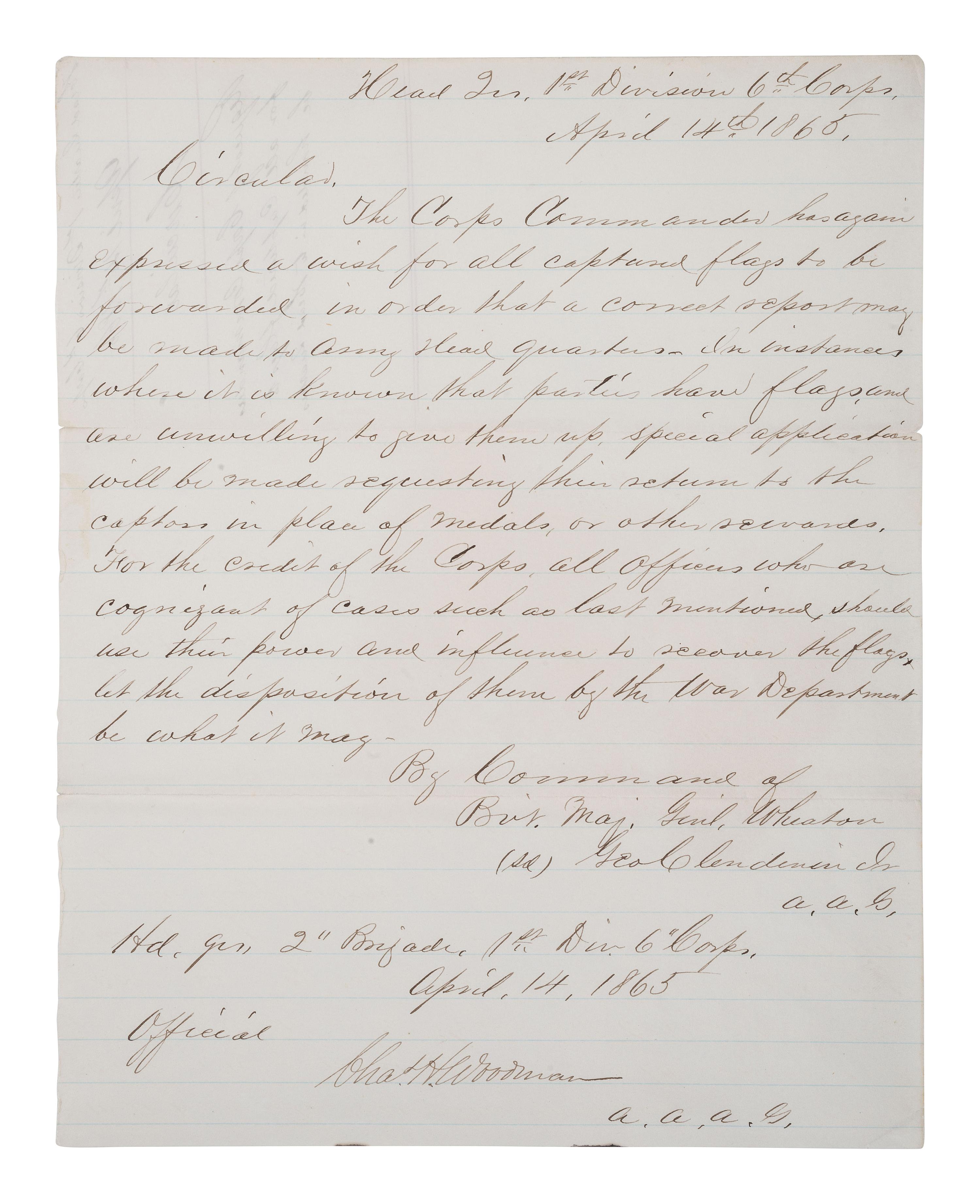 [CIVIL WAR] Union Circular requesting captured flags be returned to Corps Commander, 14 April 1865.