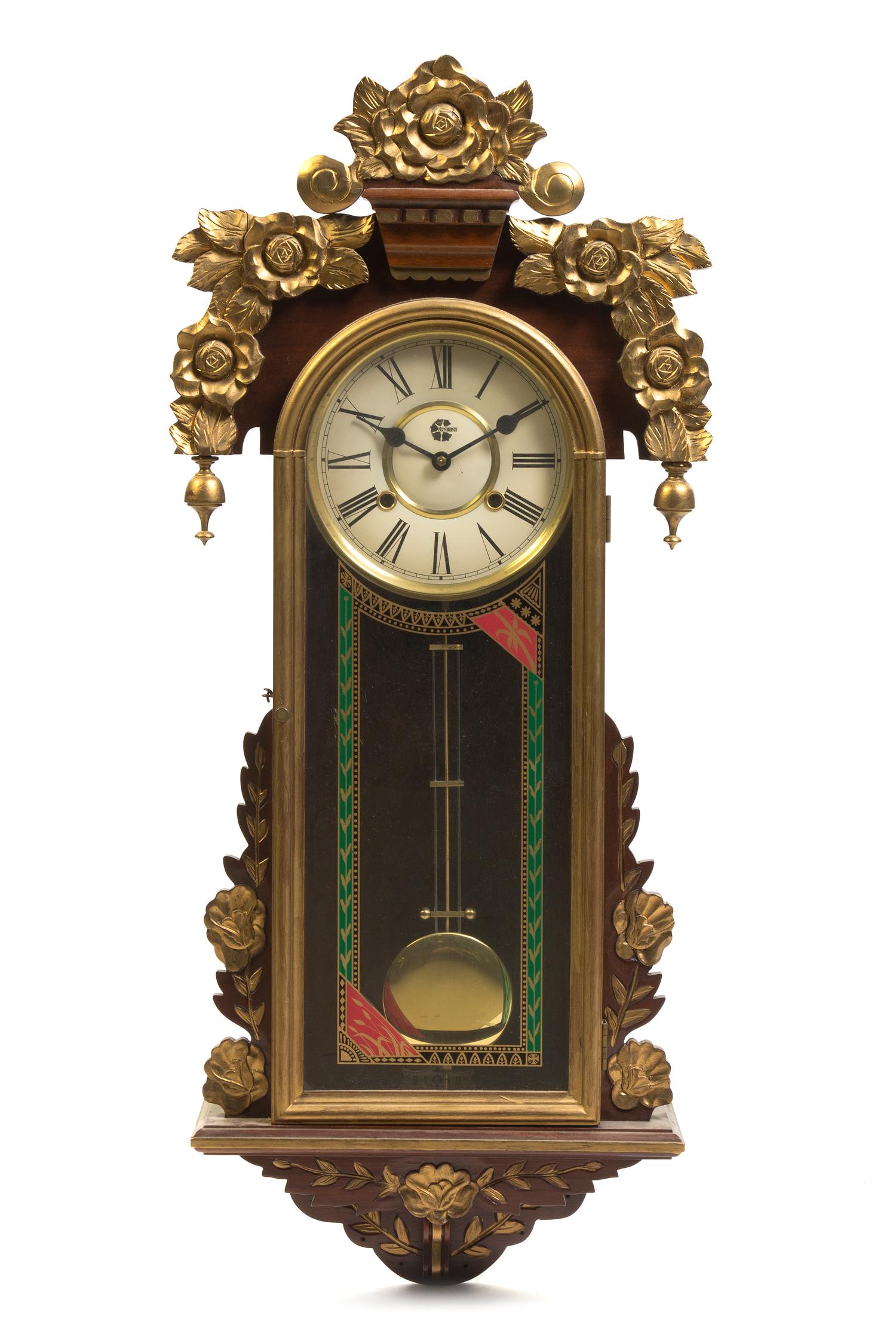 A Mahogany and Parcel Gilt Regulator Clock, Height 37 inches.