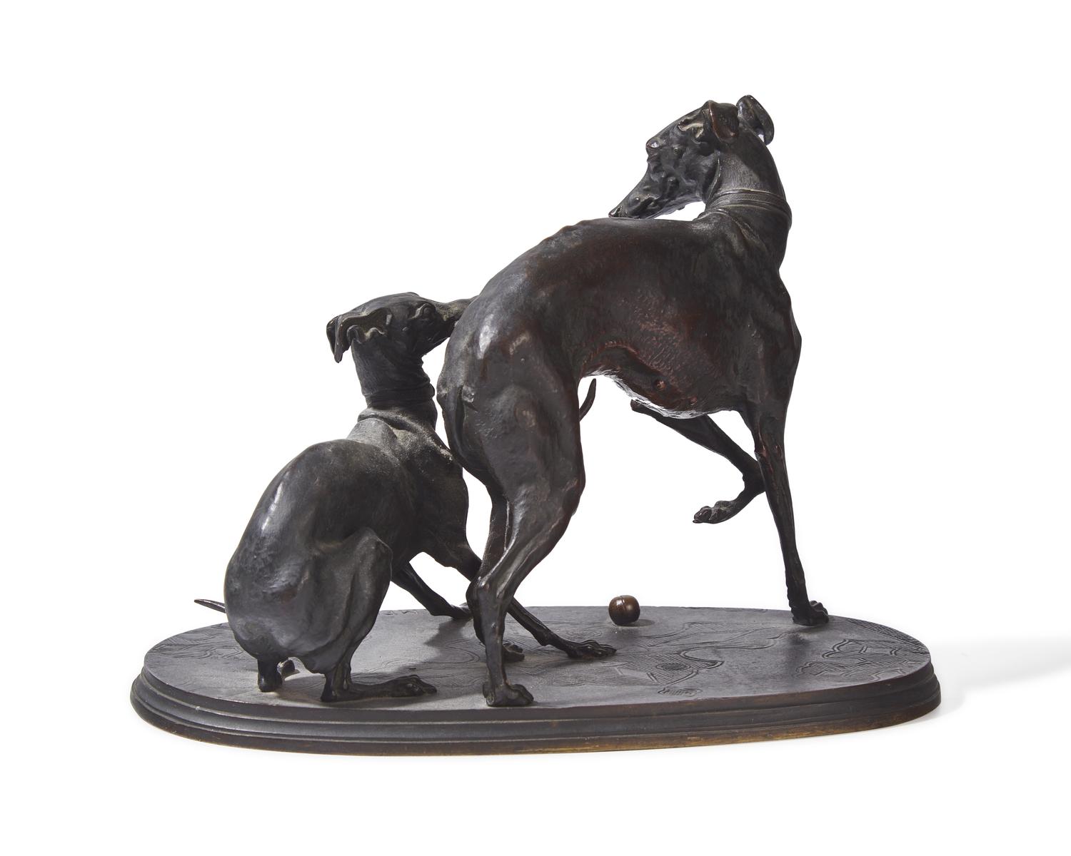 After Pierre-Jules Mêne (French, 1810-1879), A Bronze Sculpture of Two Greyhounds Playing with a Ball