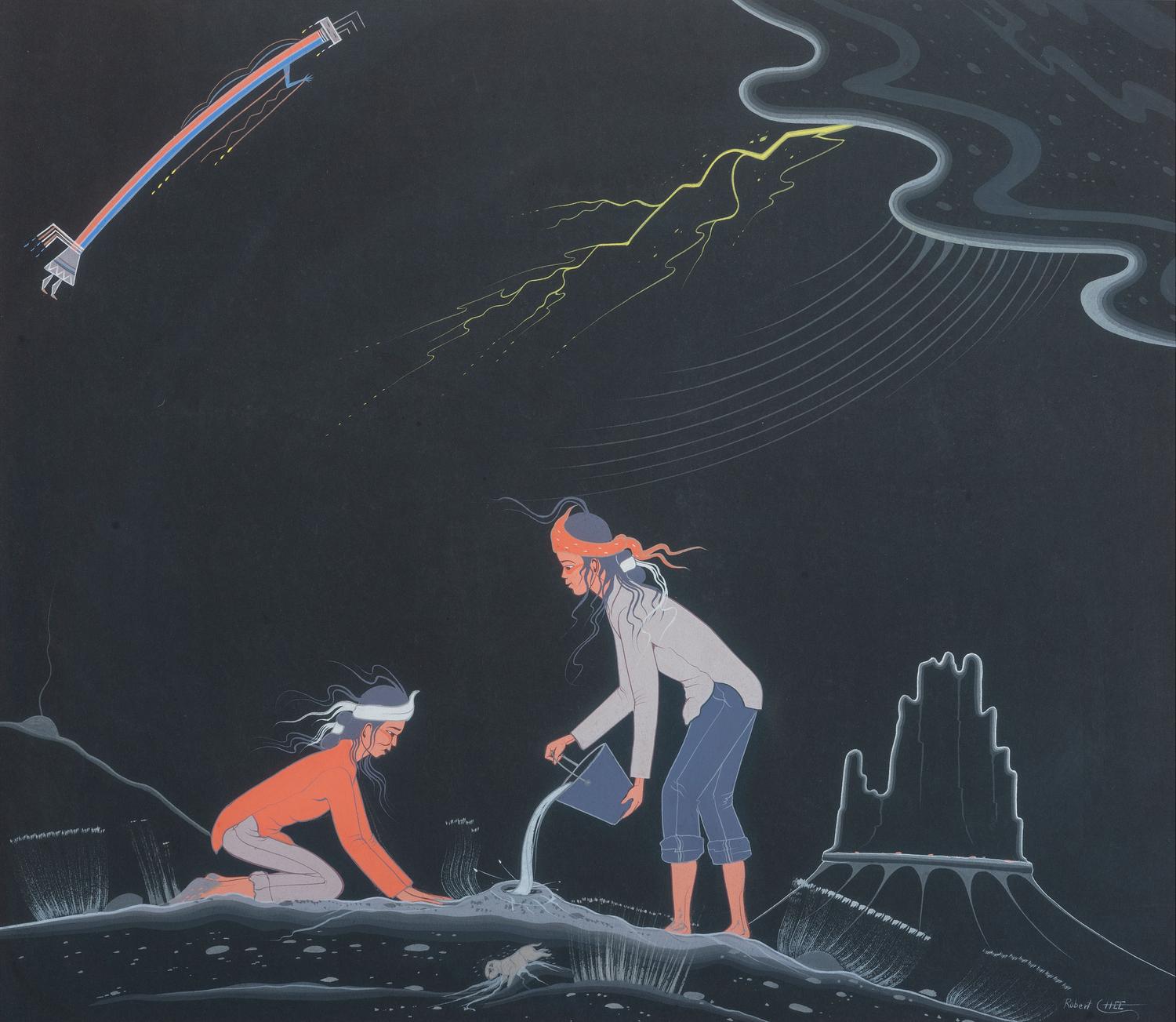untitled, night scene with boys and prairie dog