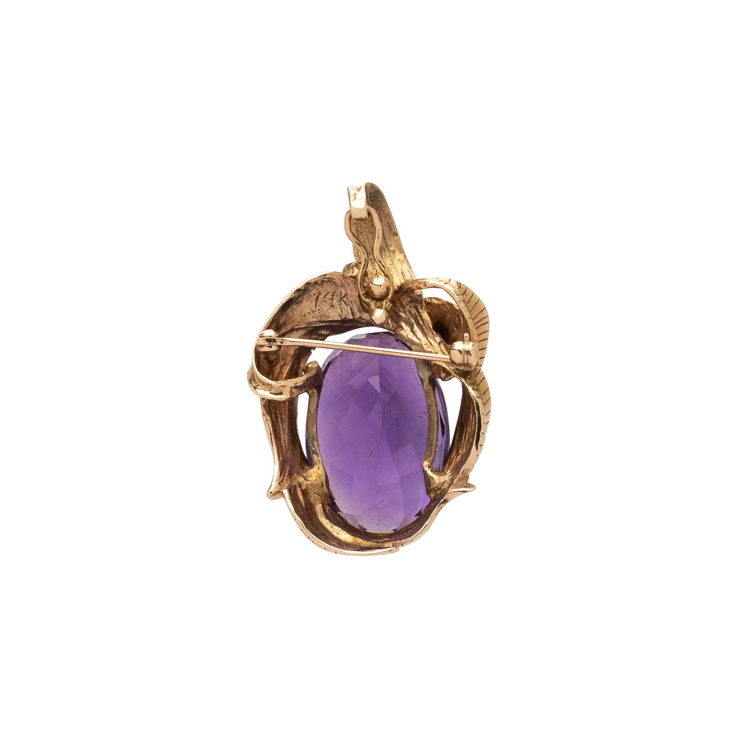 YELLOW GOLD AND AMETHYST PENDANT/BROOCH NECKLACE