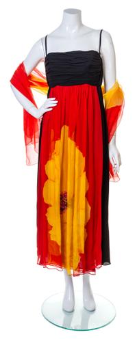 A Galanos Poppy Print Silk Chiffon Dress, Dress no size; Wrap 61.5" x 43".