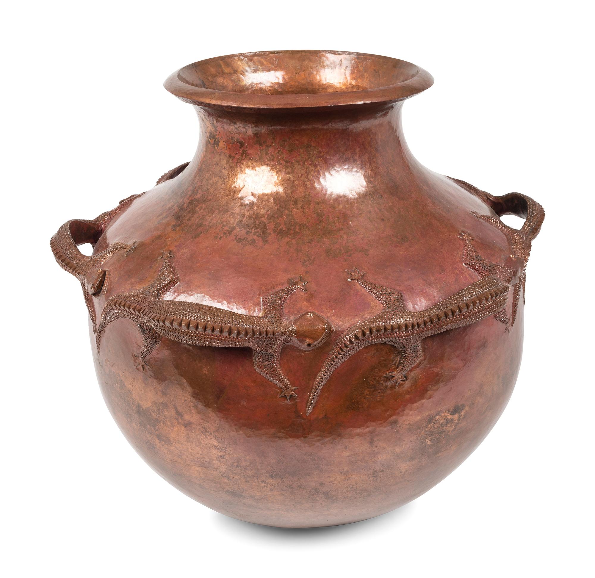 Hammered Copper Olla, with Lizards