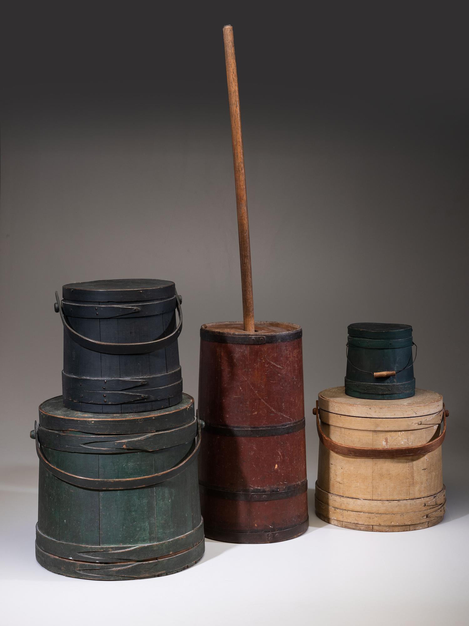 Four Painted Wood Firkins and a Wooden Butter Churn