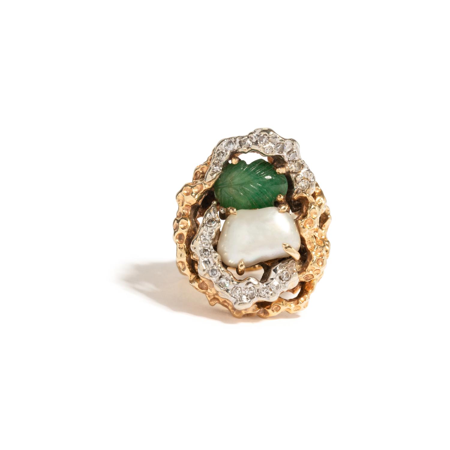 EMERALD, BAROQUE CULTURED PEARL AND DIAMOND RING