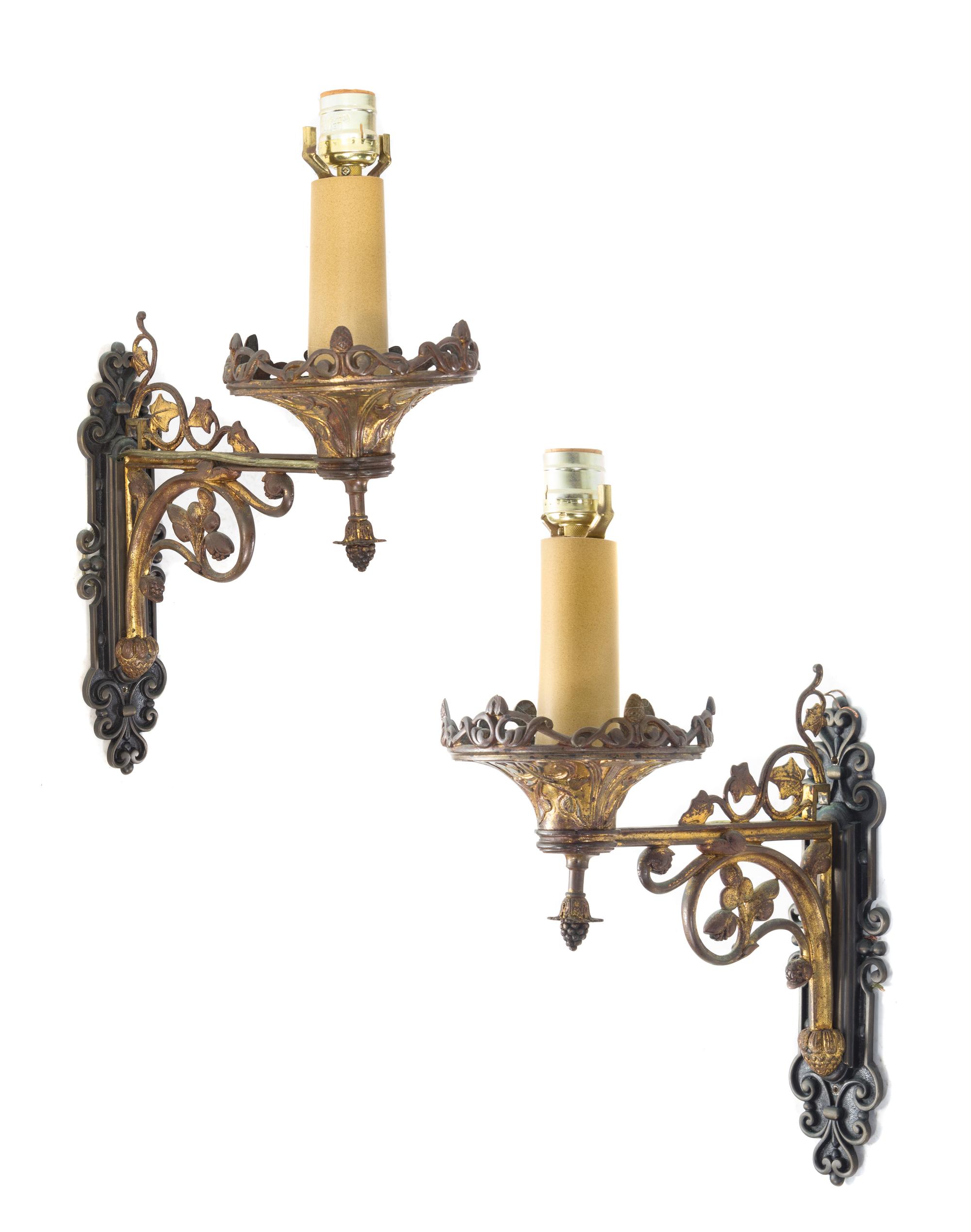 A Pair of Gothic Style Cast Iron Single-Light Sconces Height 13 1/4 inches.