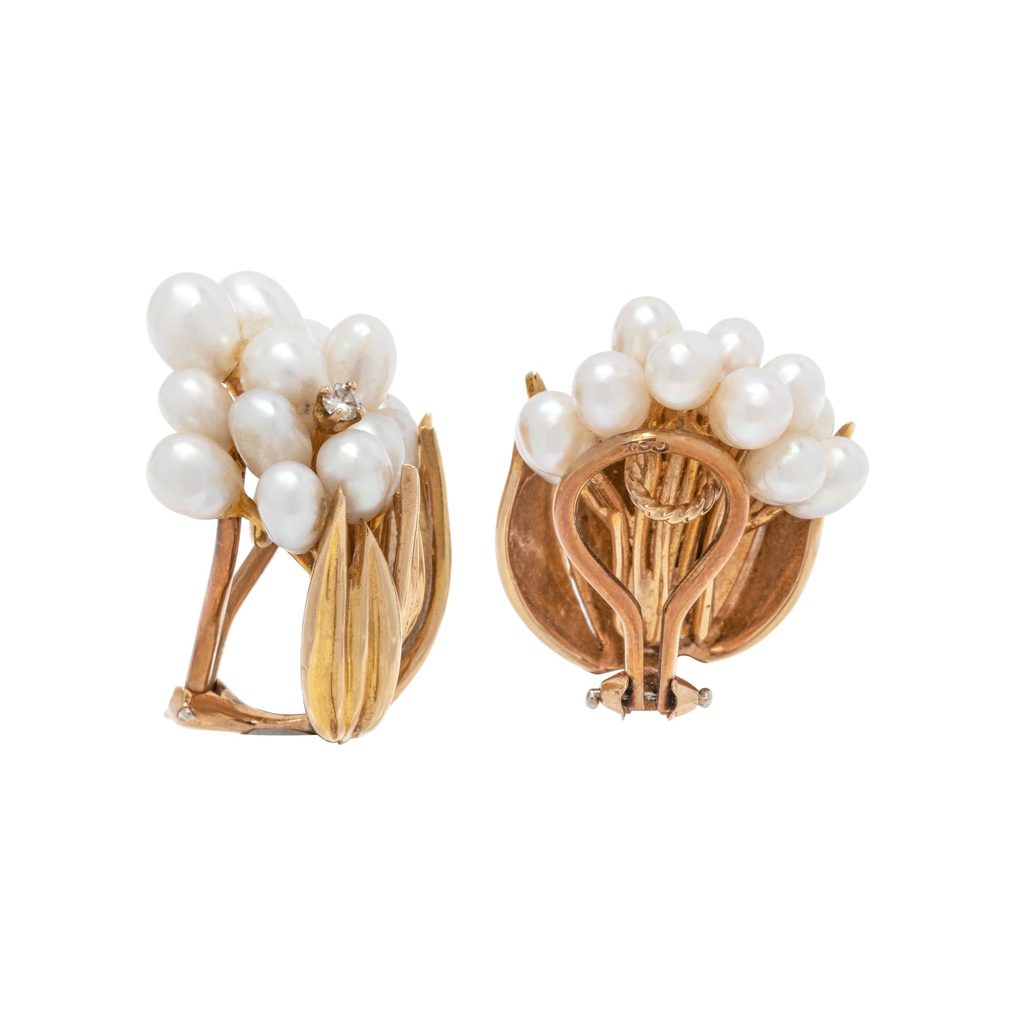 YELLOW GOLD AND CULTURED PEARL EARCLIPS