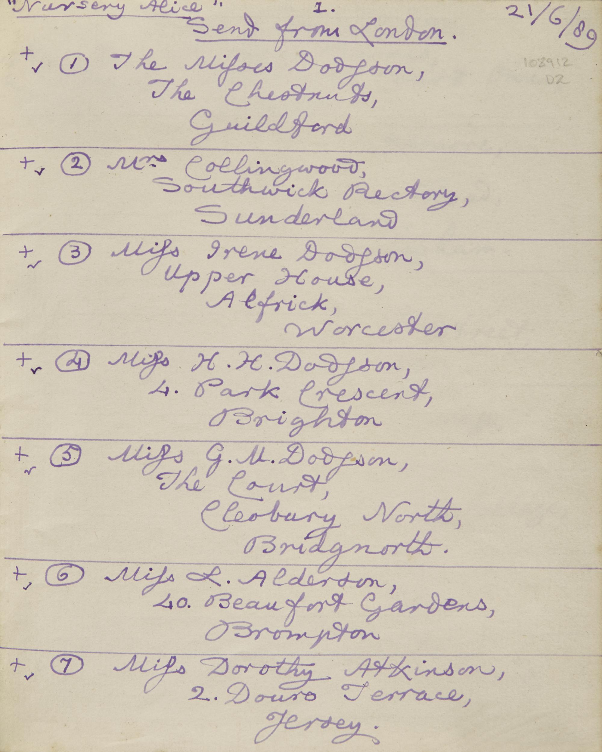 Carroll, Lewis (Charles Lutwidge Dodgson) Autograph Register Listing Recipients of Presentation Copies of "The Nursery Alice"