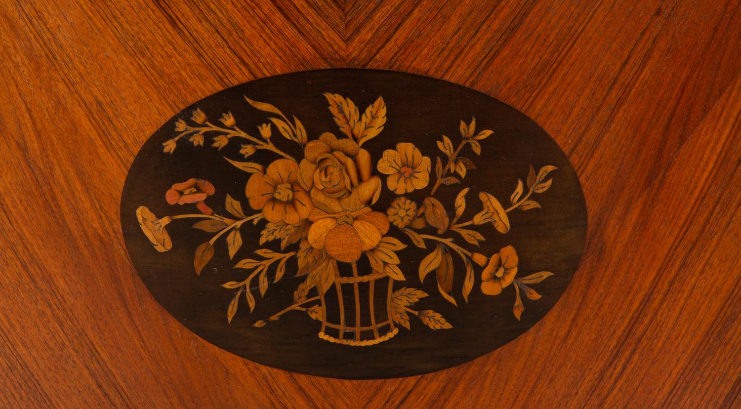 An English Fruitwood and Mahogany Marquetry Demilune Cabinet