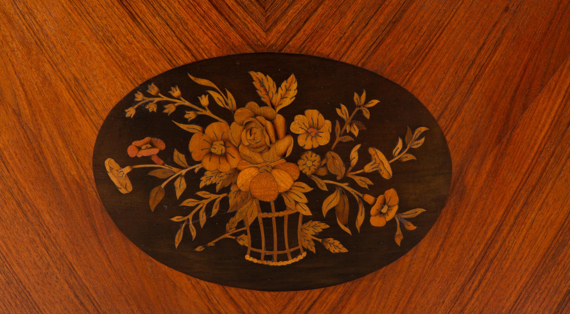 An English Fruitwood and Mahogany Marquetry Demilune Cabinet