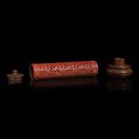 A Chinese Enameled Porcelain Faux Bronze and Lacquer Perfumier — 瓷胎仿剔紅萬字不到頭香筒