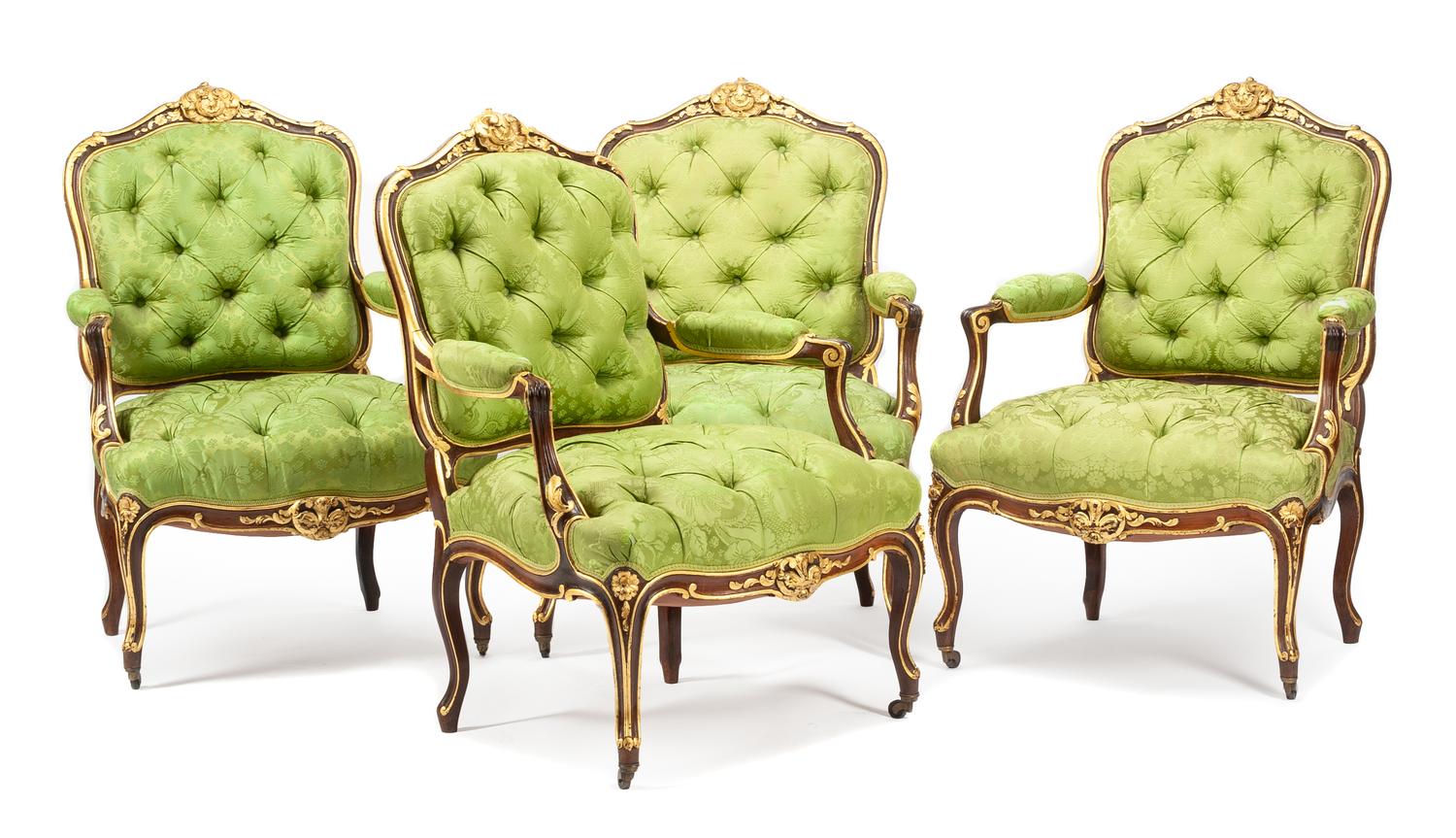 A Set of Four Louis XV Style Parcel Gilt Fauteuils Height 39 inches. — LATE 19TH/EARLY 20TH CENTURY