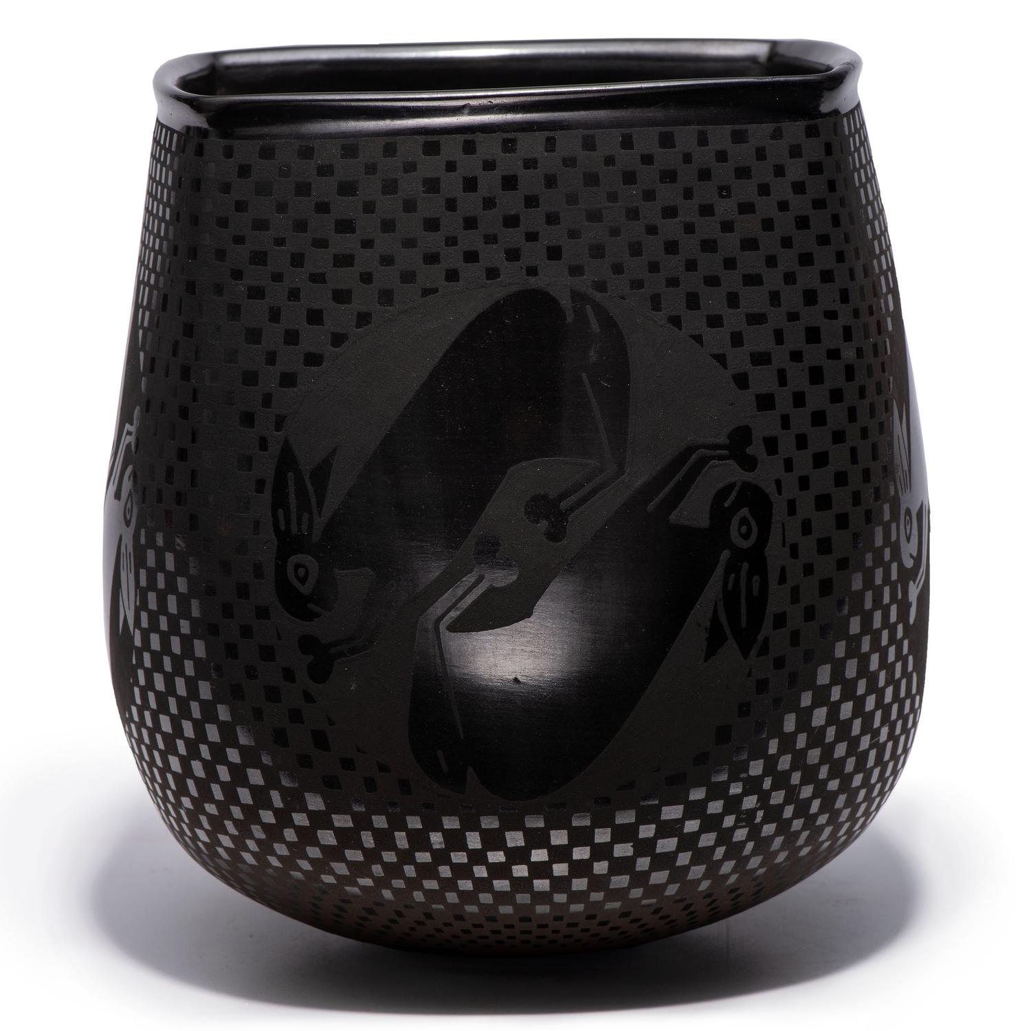 Blackware Pottery Vase, with Rabbits