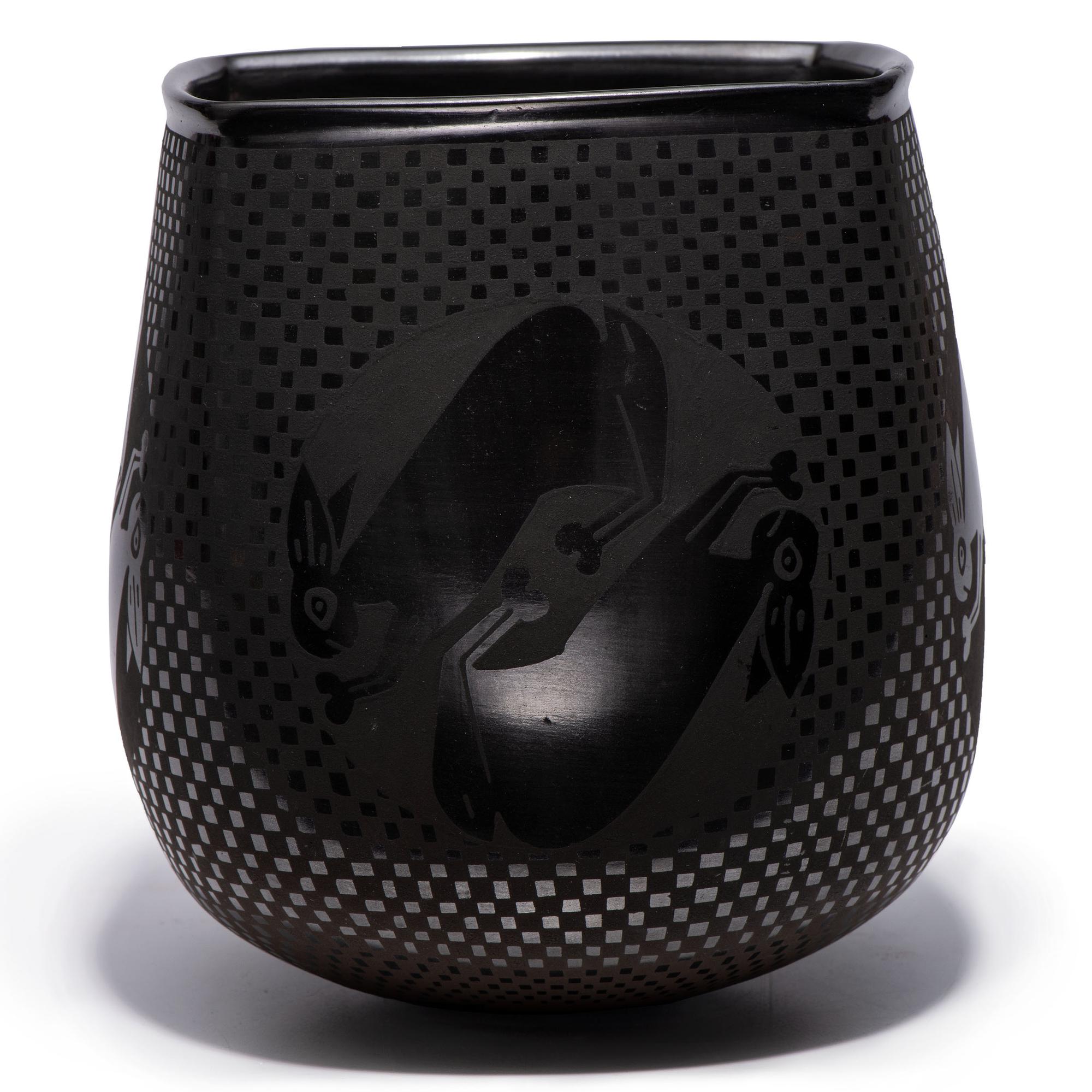 Blackware Pottery Vase, with Rabbits