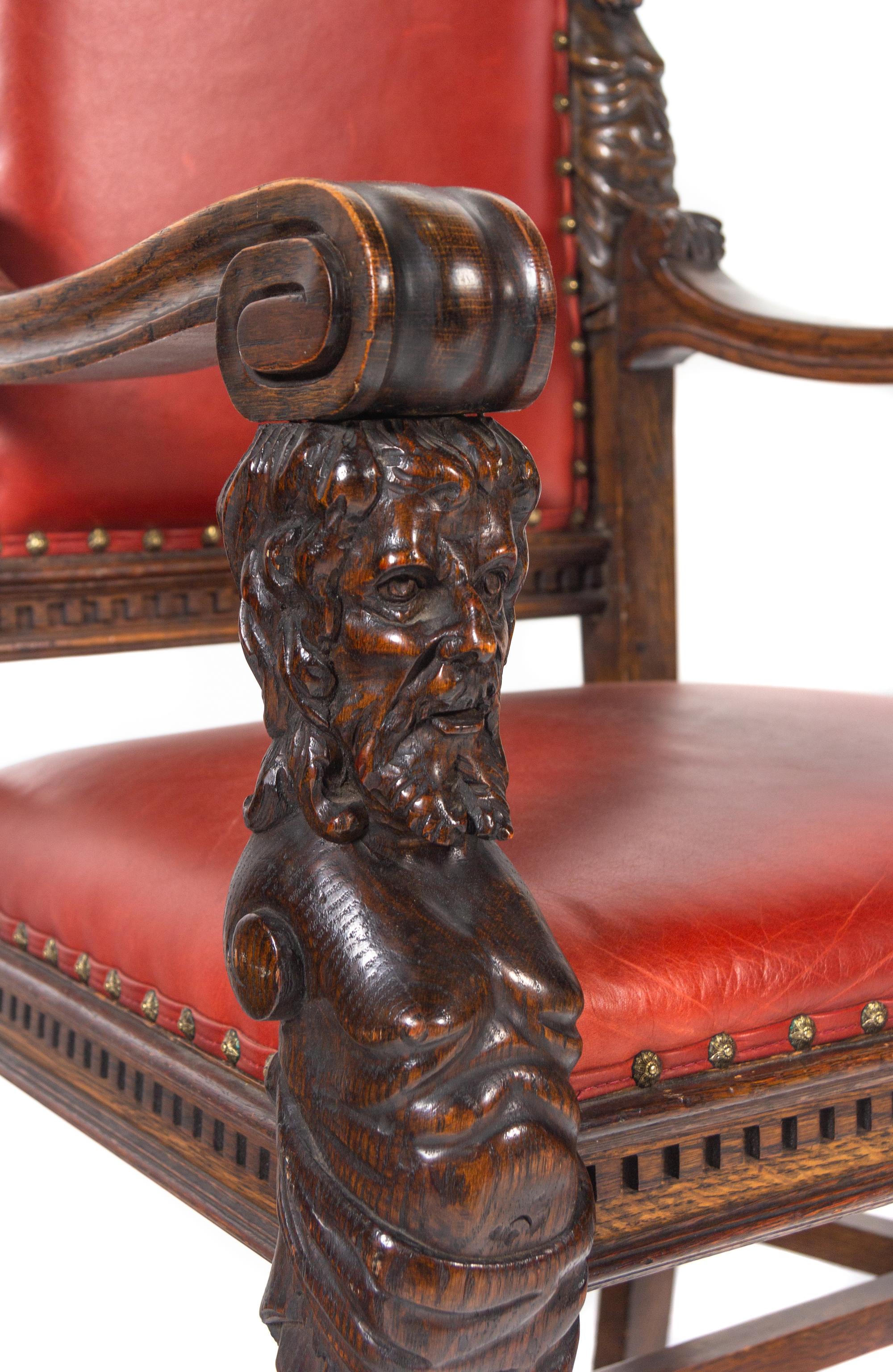 A Set of Eight R.J. Horner Carved Oak Man of the Mountain Dining Chairs