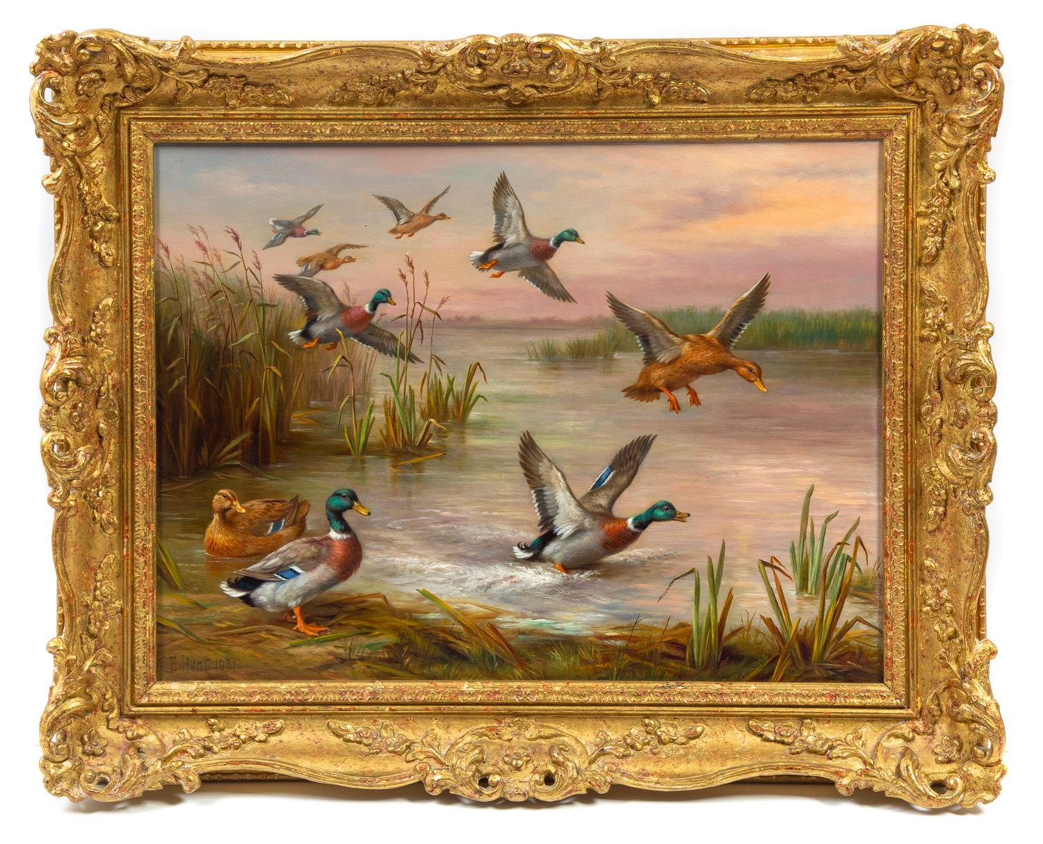 Edgar Hunt, (British, 1876-1955), Ducks in Flight, 1931