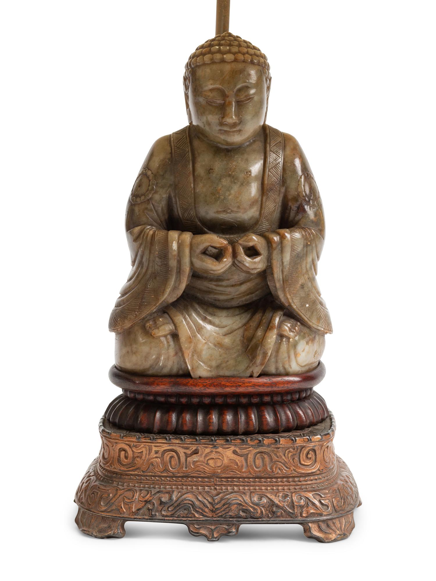 A Pair of Chinese Export Carved Figures of Buddha Mounted as Lamps