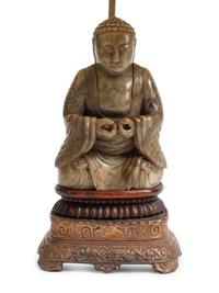 A Pair of Chinese Export Carved Figures of Buddha Mounted as Lamps