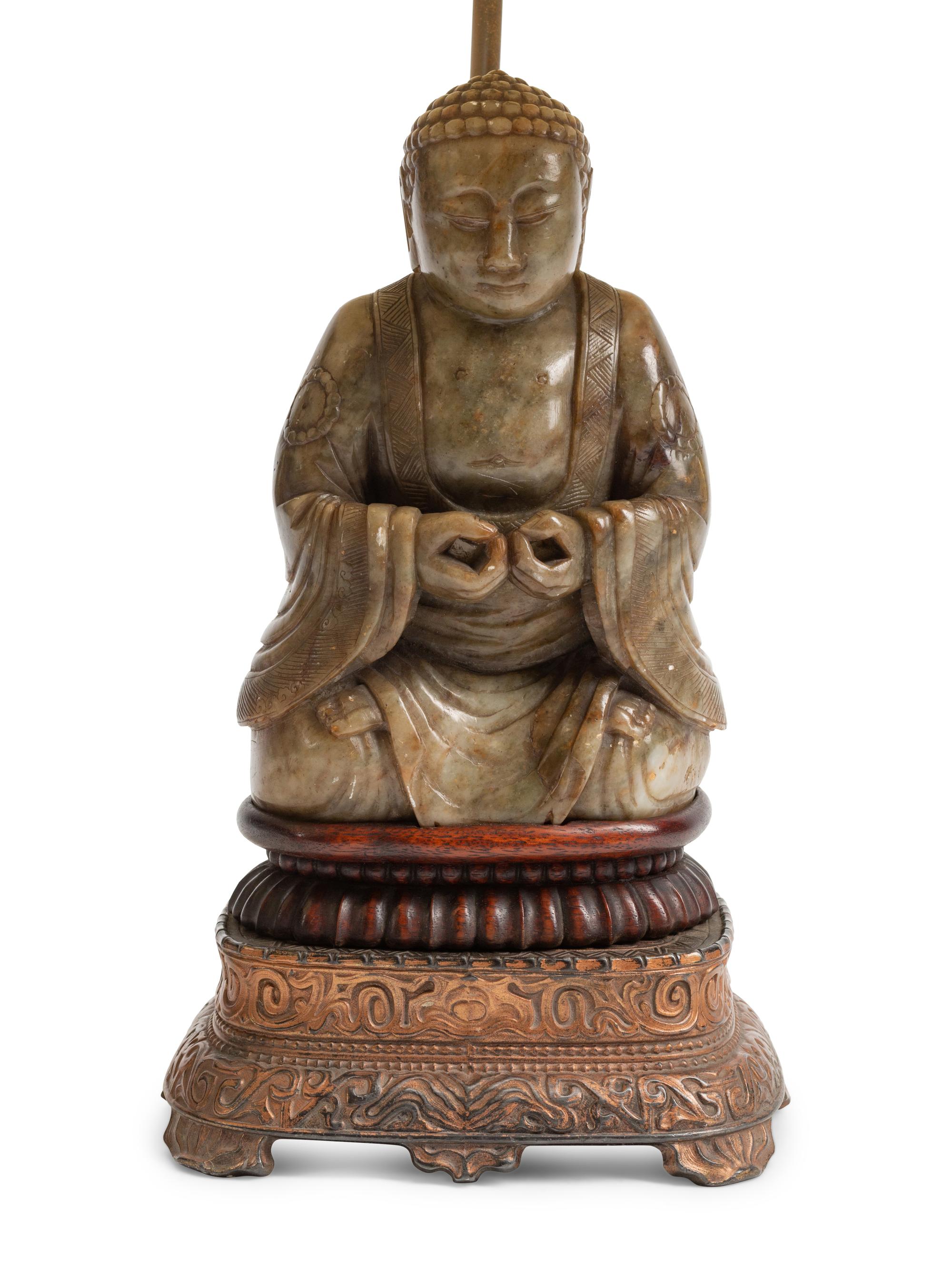 A Pair of Chinese Export Carved Figures of Buddha Mounted as Lamps