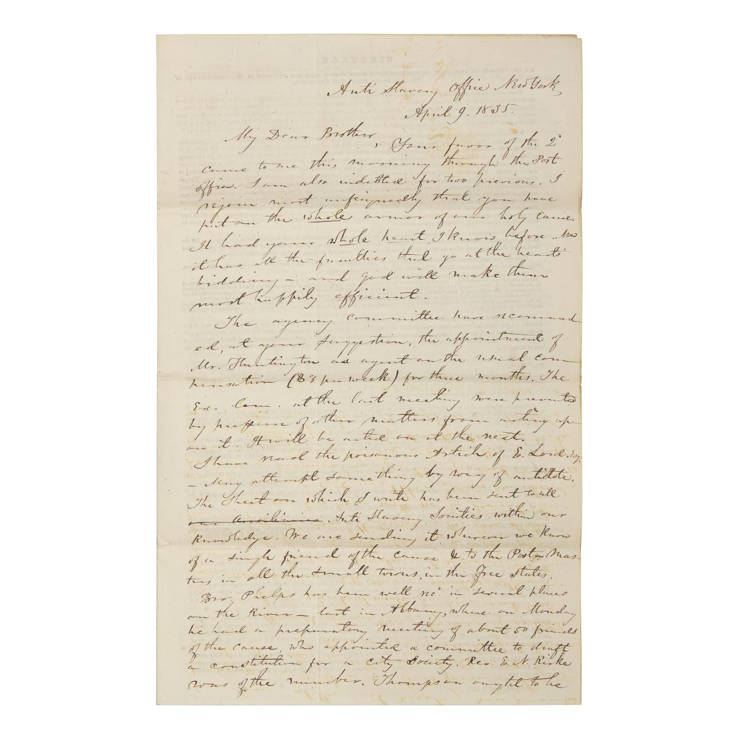 [African-Americana] Wright, Elizur, Jr. Autograph Letter, signed, on a Printed Circular Regarding the Abolition of Slavery in Washington, D.C.