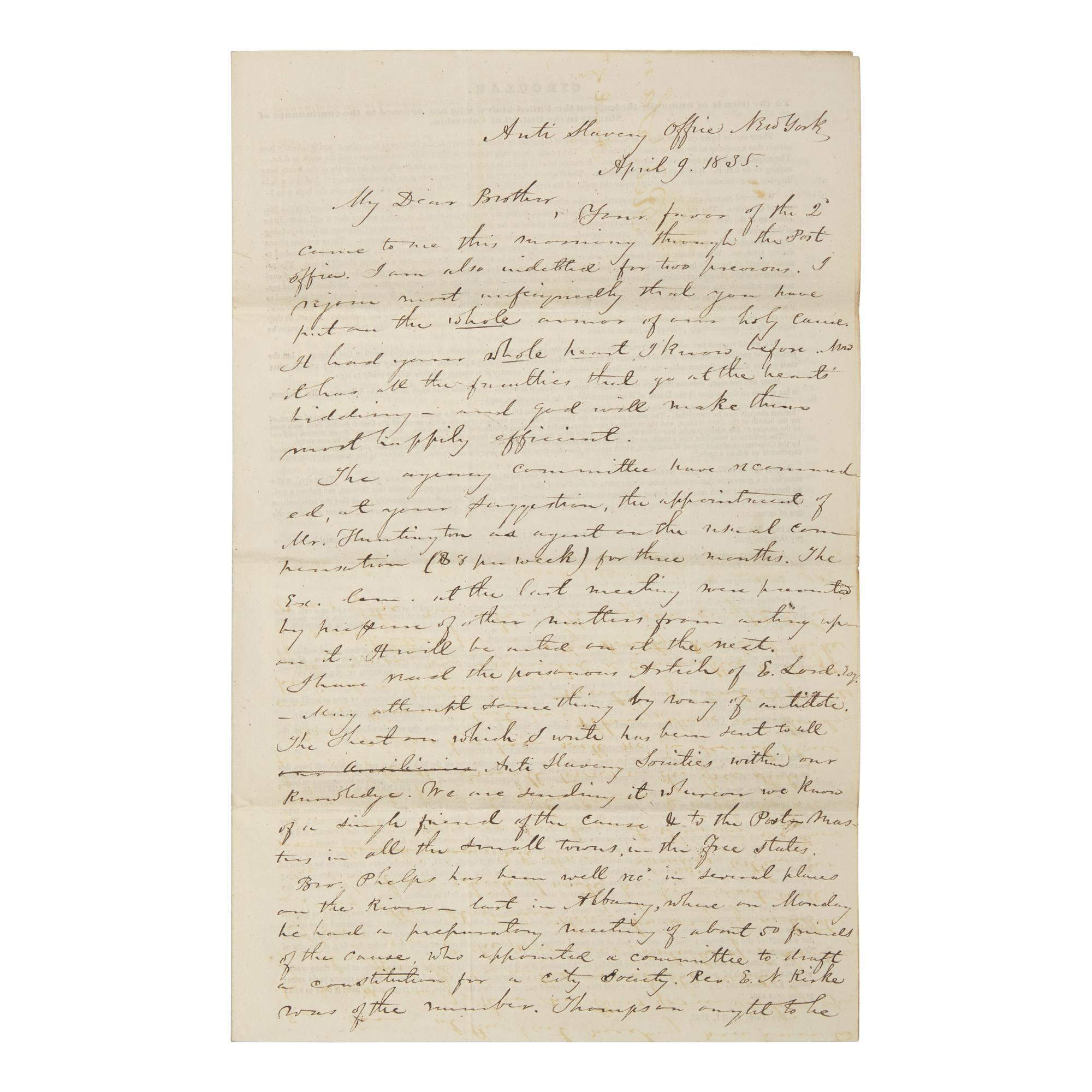 [African-Americana] Wright, Elizur, Jr. Autograph Letter, signed, on a Printed Circular Regarding the Abolition of Slavery in Washington, D.C.