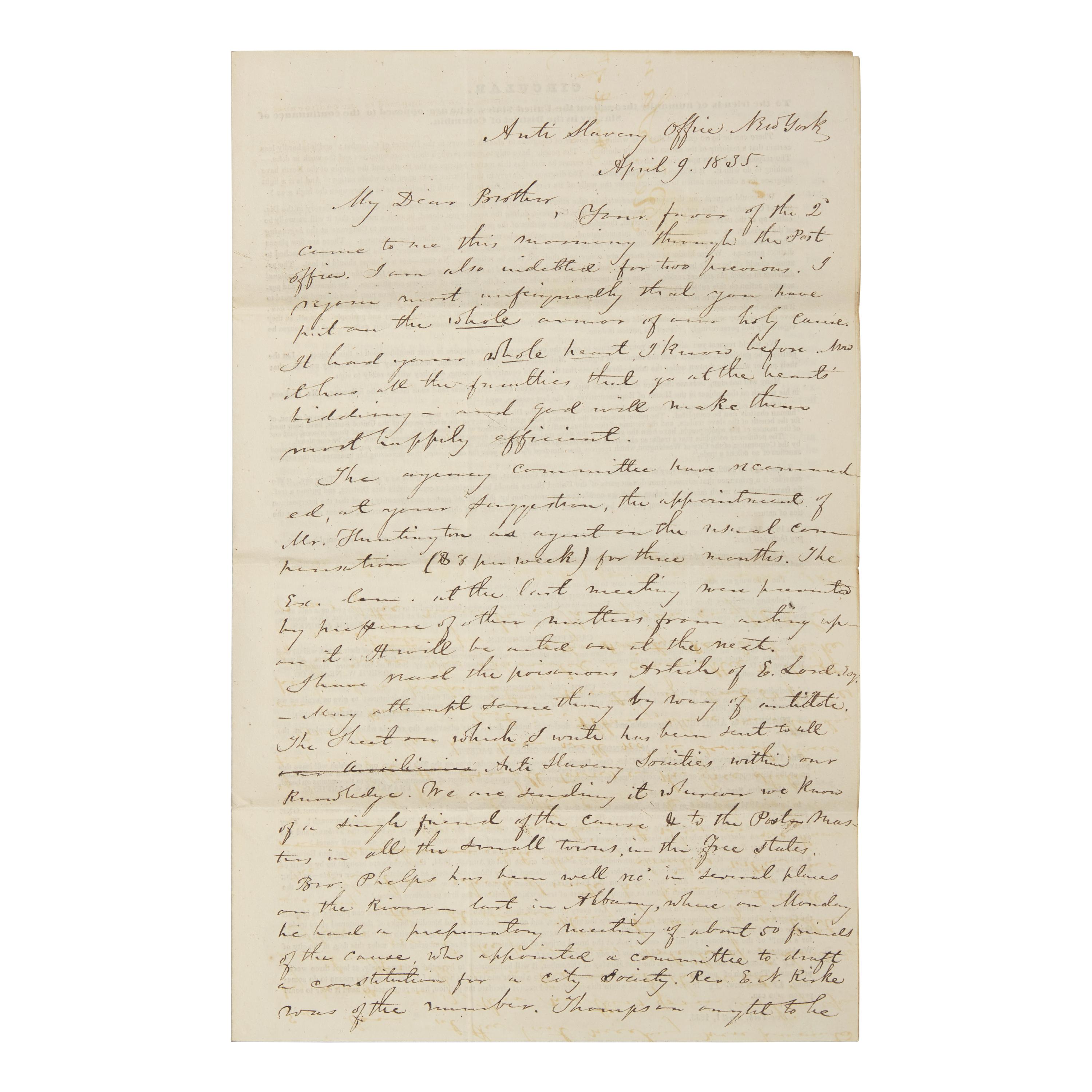[African-Americana] Wright, Elizur, Jr. Autograph Letter, signed, on a Printed Circular Regarding the Abolition of Slavery in Washington, D.C.