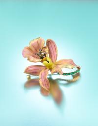 An Art Nouveau Yellow Gold, Polychrome Enamel, Diamond and Emerald "Style No. 4: Calanthe Veitchii" Orchid Brooch, Paulding Farnham for