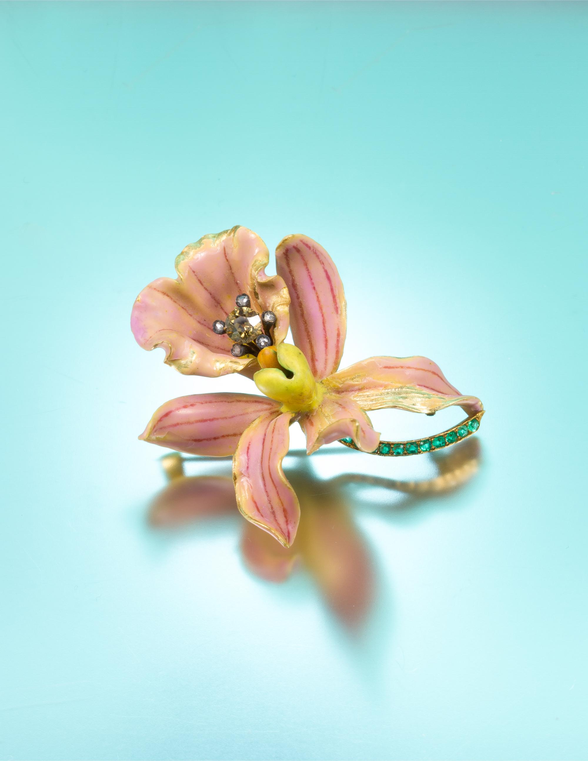 An Art Nouveau Yellow Gold, Polychrome Enamel, Diamond and Emerald "Style No. 4: Calanthe Veitchii" Orchid Brooch, Paulding Farnham for