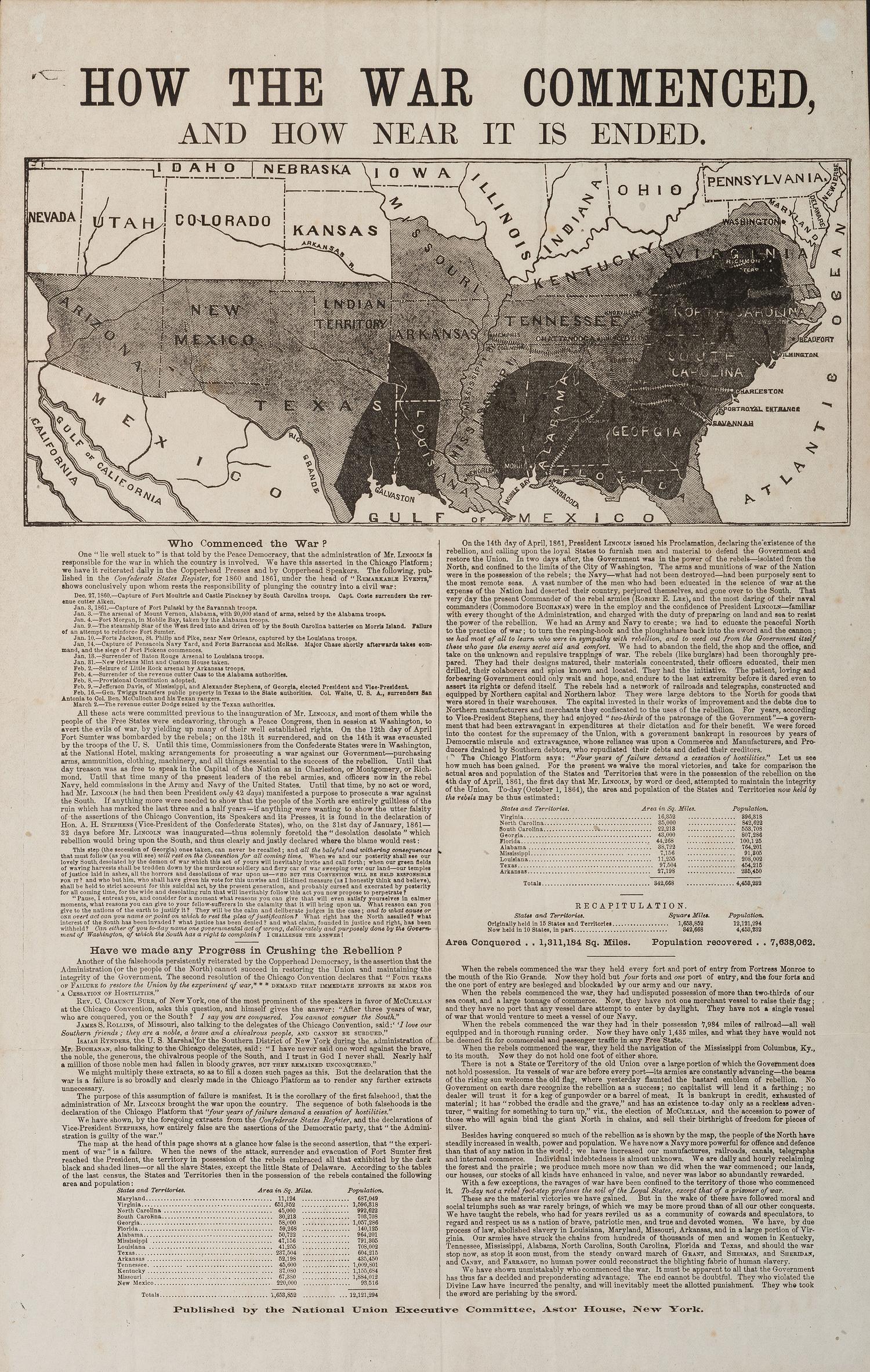 [CIVIL WAR] -- [POLITICS]. How The War Commenced And How Near It Is Ended . National Union Executive Committee, Astor House, 1864.