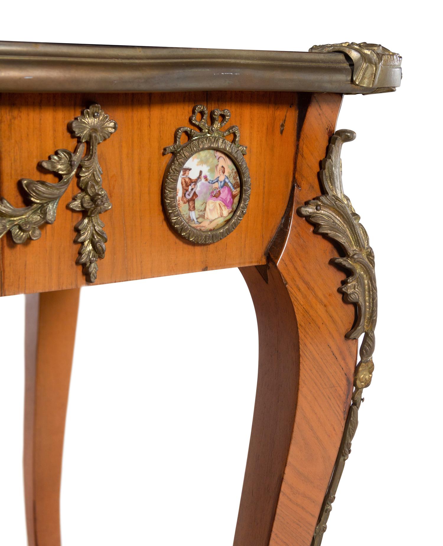 A Louis XV Style Gilt Metal and Porcelain Mounted Vitrine Table