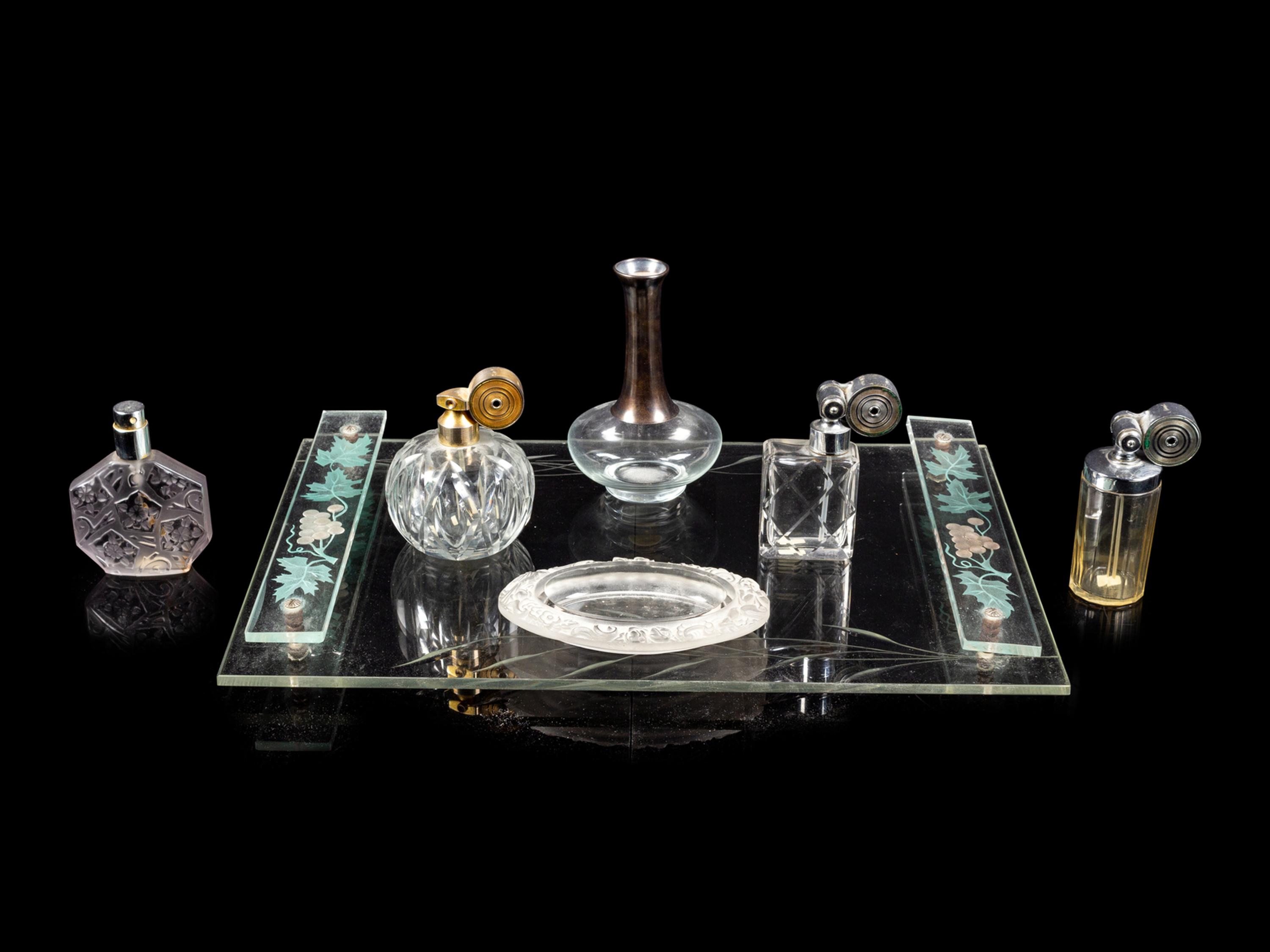 A Collection of American Silvered Metal Mounted Glass Articles